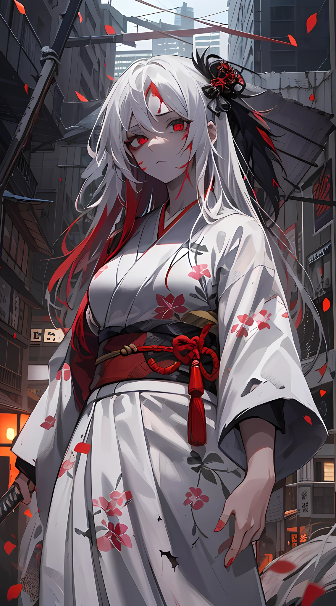 ((dramatic)) ((detailed)) ((masterpiece)) ((gritty)) ((intense)) girl, japan goddes of war, holding weapon, wound bloodstain on her face, black eye on the left eye and special goddes red eye on the right, dark night, half demonic face, broken building and post apocalyptic japan, godly aura, stand on top of tall building, looking at her enemy, night, wear kimono, edgy, long hair, dominant white red black, beautiful eyes, long skirt kimono, white hair, with serious expression, killer instinct face, cold face