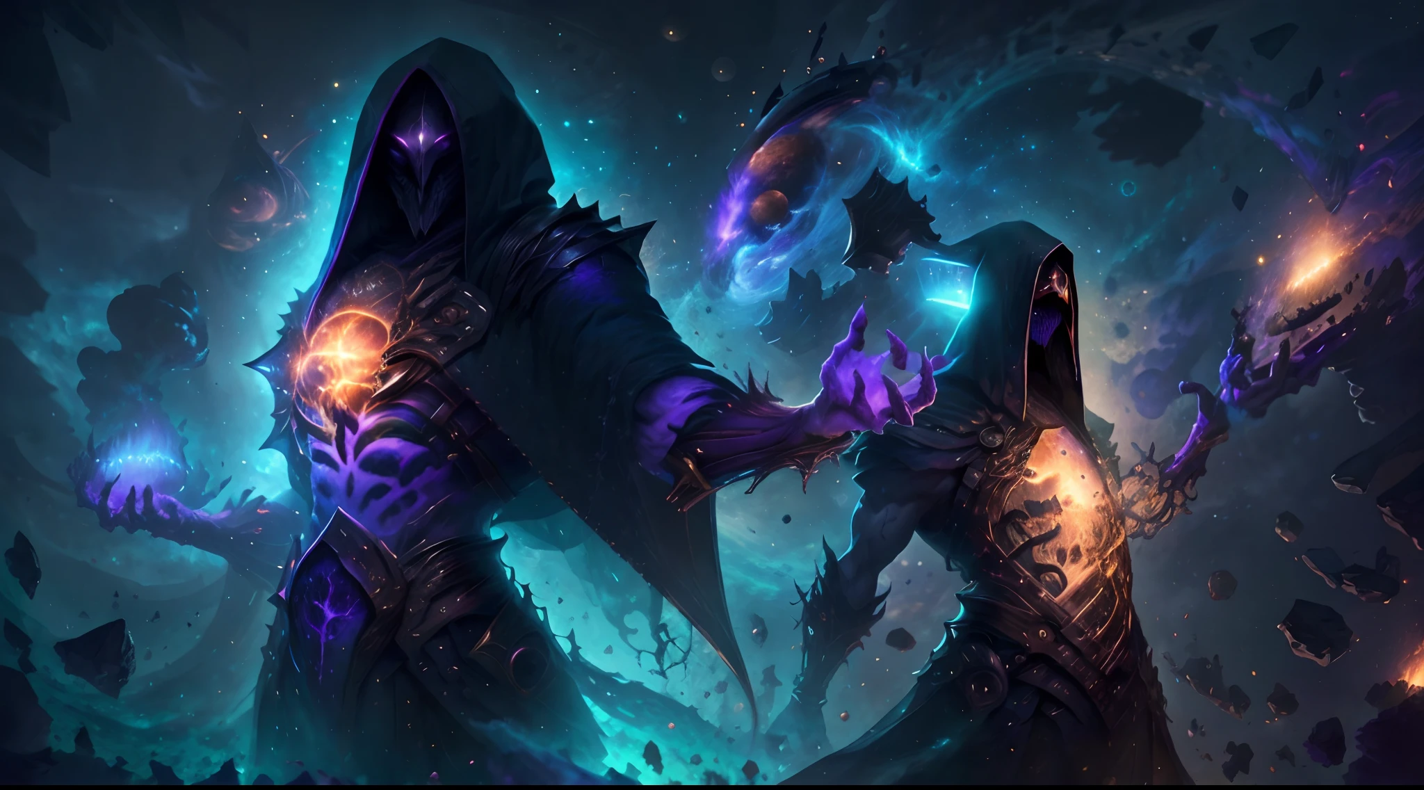 "One celestial muscular being in the center of the picture with a hood over and in hands there is brandishing magic with the luminosity of distant galaxies" ,best quality, masterpiece, ultra high res, (photo realistic:1.4), surrealism, dream-like,V0id3nergy,
a fantasy creature, Shadowdancer, shadow magic, darkness control, stealth, shadowstep, umbral spells.