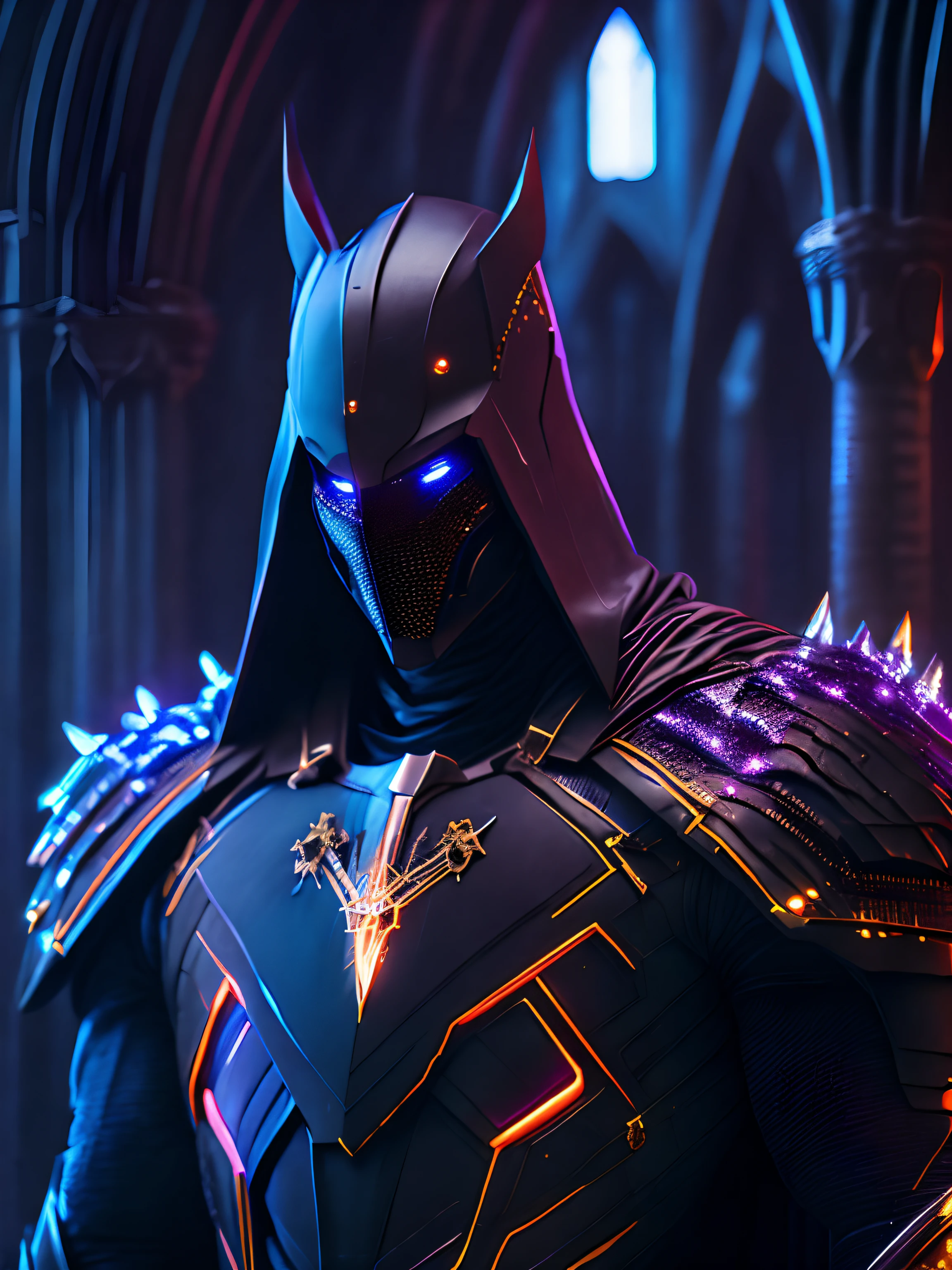dark portrait of Black Knight from Marvel Comics with intricate angular cybernetic implants inside a brutalist building, gothic brutalist cathedral, cyberpunk, award-winning photo, bokeh, neon lights, cybernetic limb