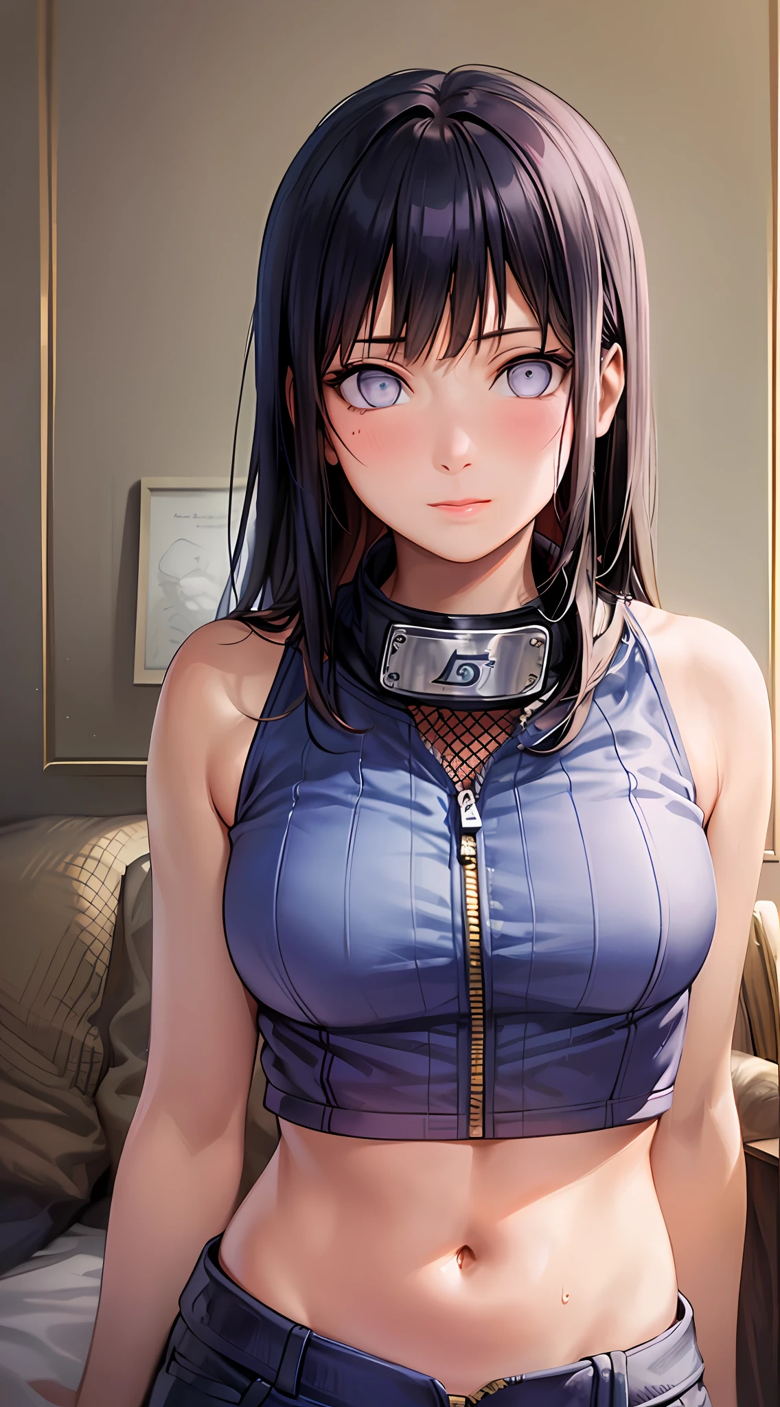 Obra-prima, highes definition, alta qualidade, rosto detalhado, Detailed body rendering, 1girl, solo, Hinata Hinata, Hinata roupa sem mangas, quarto, camisa sem mangas, (roupa fishnet), Dark lips, quadril largo, coxas grossas, black jacket without zipper, no-bra, seios para fora, standingn, blush, (no quarto)