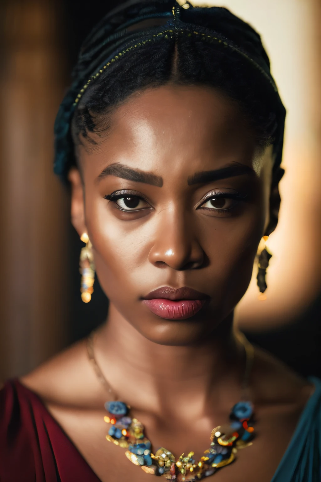 film grain, photographed with a Sony a9 II Mirrorless Camera, analog style, beautiful, masterpiece, best quality, aamari, a black woman with elegant dress, coloured, crying is looking at the camera, man sad at background, very dark skin, extremely detailed face, bust shot, perfect lighting --auto
