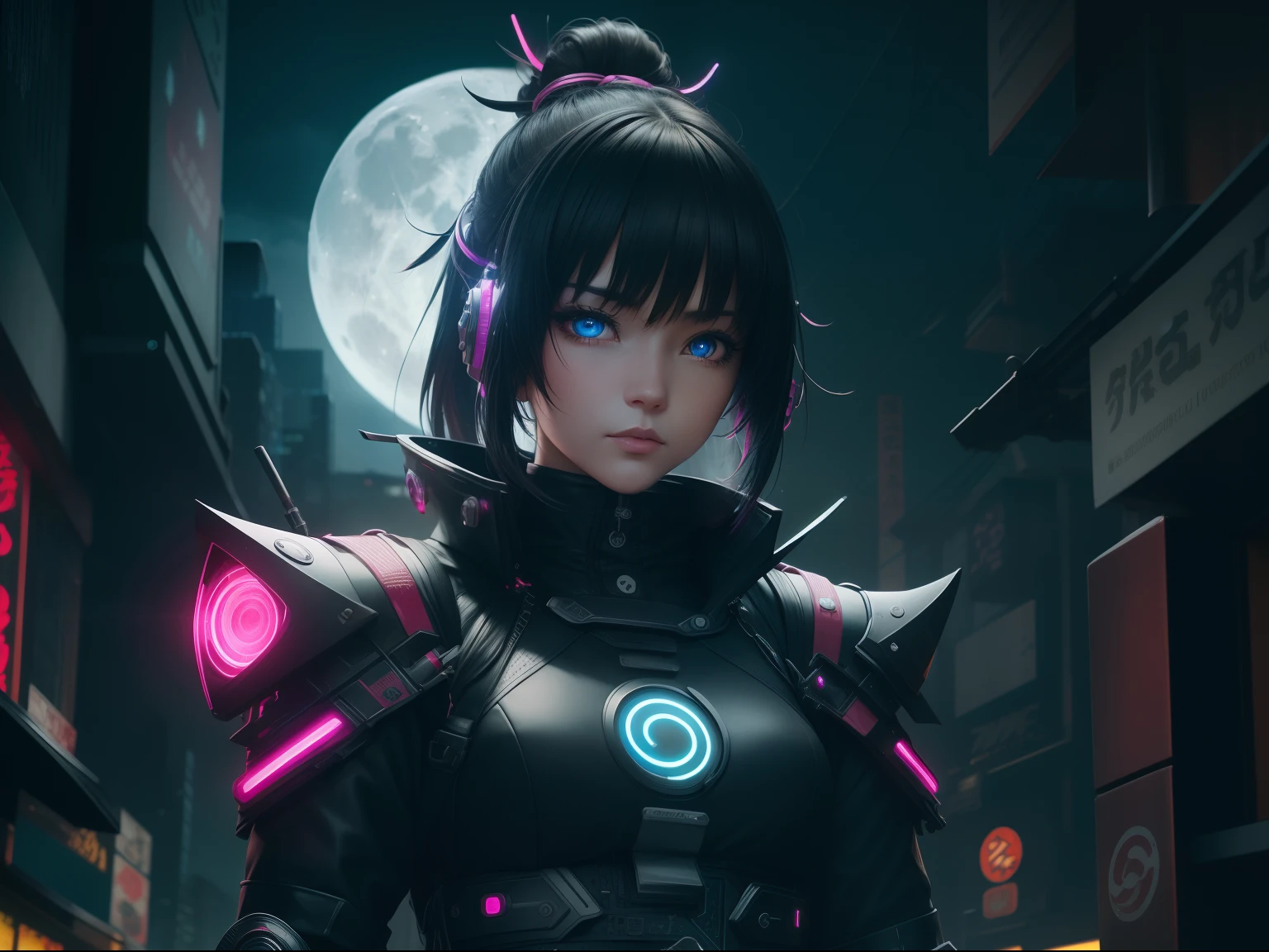 ,1girl, solo, girl, futuristic outfit, neon samurai, very cute cyberpunk samurai, cyberpunk samurai, ghost blade style, victo ngai cyberpunk style, cyberpunk neon style, cyberpunc, cyberpunk neon, technomancer, video game character, synthwave image, cyberpunk voodoo, neon glow concept art, moon, flashlight, night, solo, outdoor, sky, full moon, rain, mountain, cloud, paper lantern, night sky, bangs, tree, reflection, overcast sky, {{(masterpiece),(extremely detailed CG unit 8k wallpaper), best quality, solo, cinematic lighting, detailed background, beautiful detailed eyes, bright pupils, (an extremely delicate and beautiful), (beautiful and detailed eye description), ultra-detailed, masterpiece,}}, detailed eyes, beautiful eyes, realistic eyes, pleasant eyes, perfect eyes