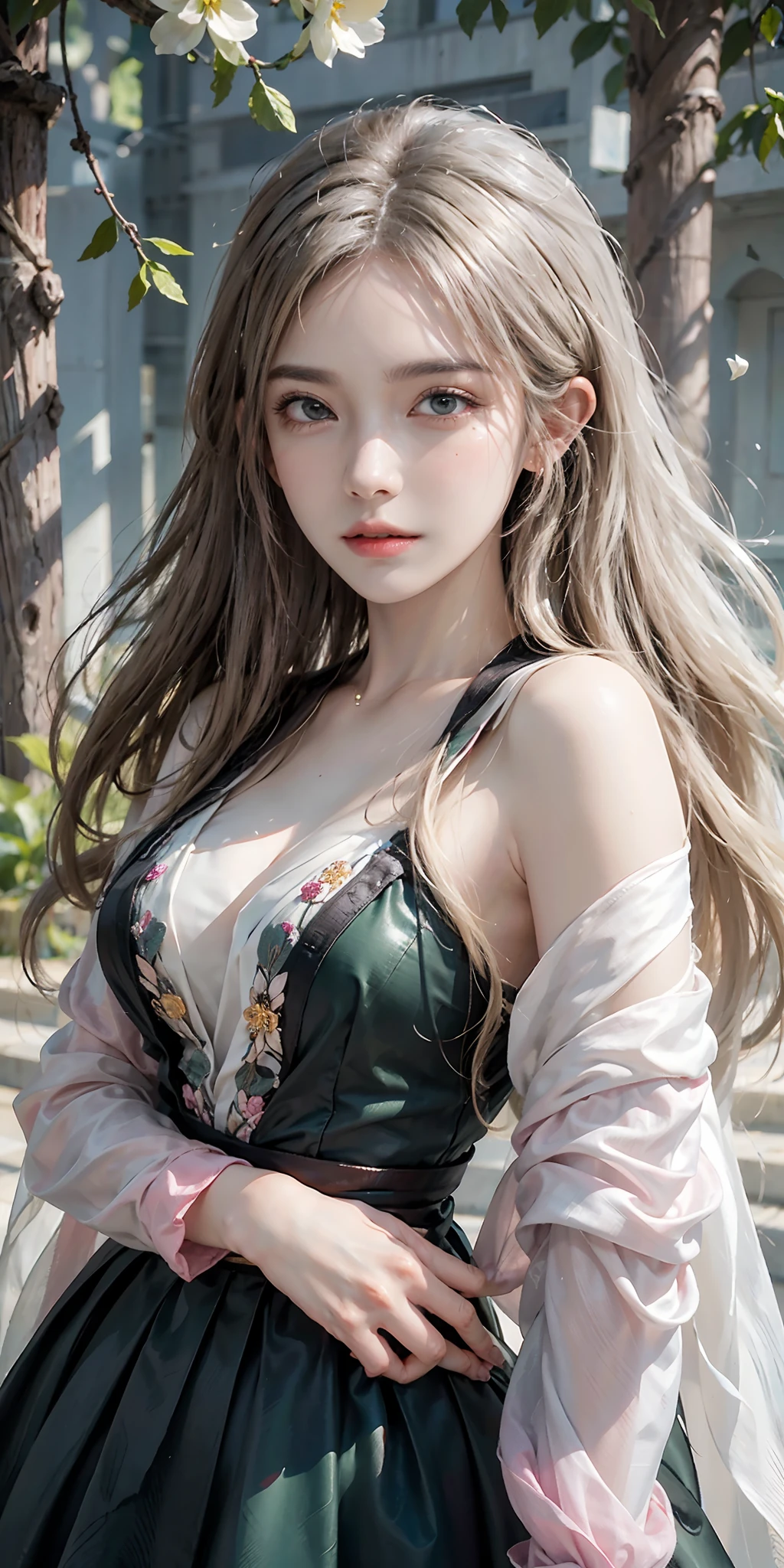 Photorealistic, High resolution, Soft light,1womanl, Solo, hips up high, glistning skin, (Detailed face),The tattoo, Jewelry, Wedding see-through hanf, cherry blossom, Night, White wavy hair, Beautiful Soldier, An eye that invites the viewer, Lover's perspective, inviting expression, Sexy smile, Perfect Style, Perfect balance, Detailed skin, Naughty gaze, Chest visible、see -through、Sheer feeling、Wet skin、Wet hair、Spread hair、Spread Stall、Wet clothes、sodden、See-through Halter neck、See-through gowns、Navel Ejection、the back is open、