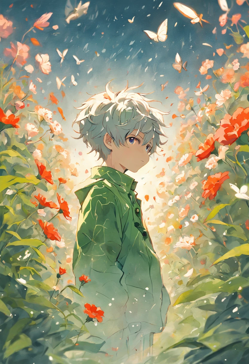Blooming flowers flutter in the wind,The boy in the flower,Light green and silver design,Pay attention to the texture of the skin and flowers,Sony FE 12-24mm F/2.8 gm,Impressionist garden,Proficient in calligraphy,eco-friendly craftsmanship,Brush stroke exploration