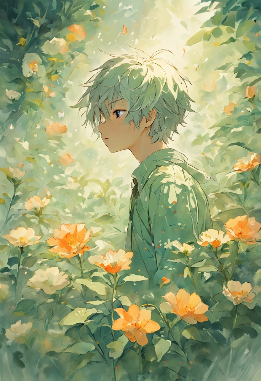 Blooming flowers flutter in the wind,The boy in the flower,Light green and silver design,Pay attention to the texture of the skin and flowers,Sony FE 12-24mm F/2.8 gm,Impressionist garden,Proficient in calligraphy,eco-friendly craftsmanship,Brush stroke exploration