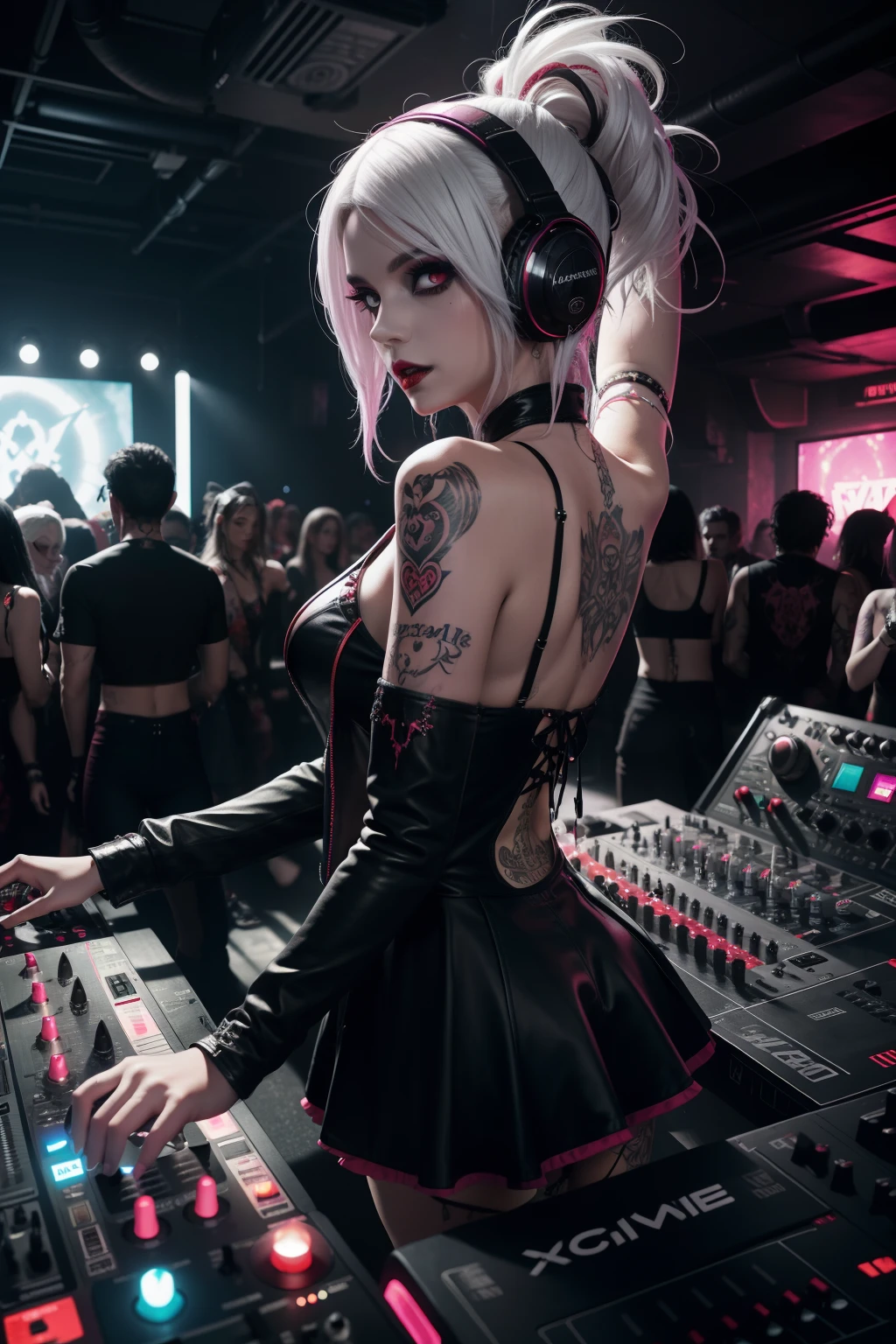Upper body, Female vampire DJ, Look at the crowd，Vampires,Wear a bikini，Tattooed with，Red eyes，White hair， Quirky, Vibrant appearance, Playful accessories, Bright colors，Creative behavior, Rambled, Sensual, Spontaneous, DJ headphones, ((Mixing Console)), Dysfunctional punk vampire girl, Revel vampire girls,Vampire Club,Vampire nightclub, In the Vampire Castle，goth style，Independent cinema, People dancing on dance floor background, Underground danceclub, Underground danceclub，night club, Highest quality, Skin texture, Intricate details, (Cinematic lighting), RAW photo, 8K，Psychedelic surrealist art，Surrealist psychedelic design，dream art style，Illusion psychedelic art， Colorful dark vectors,