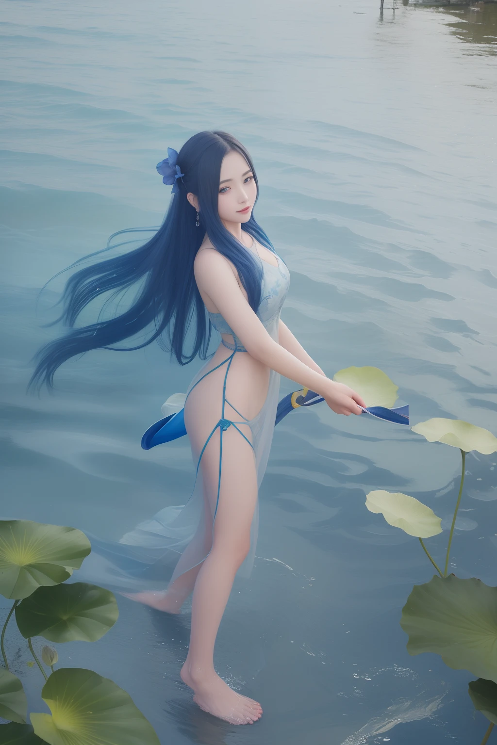 ((4k,masterpiece,best quality)), shuimobysim, traditional chinese ink painting, lotus, hanfu, maxiskit, dress conservatively 1girl, solo, long blue hair, smile, standing, feet in the water, barefoot,