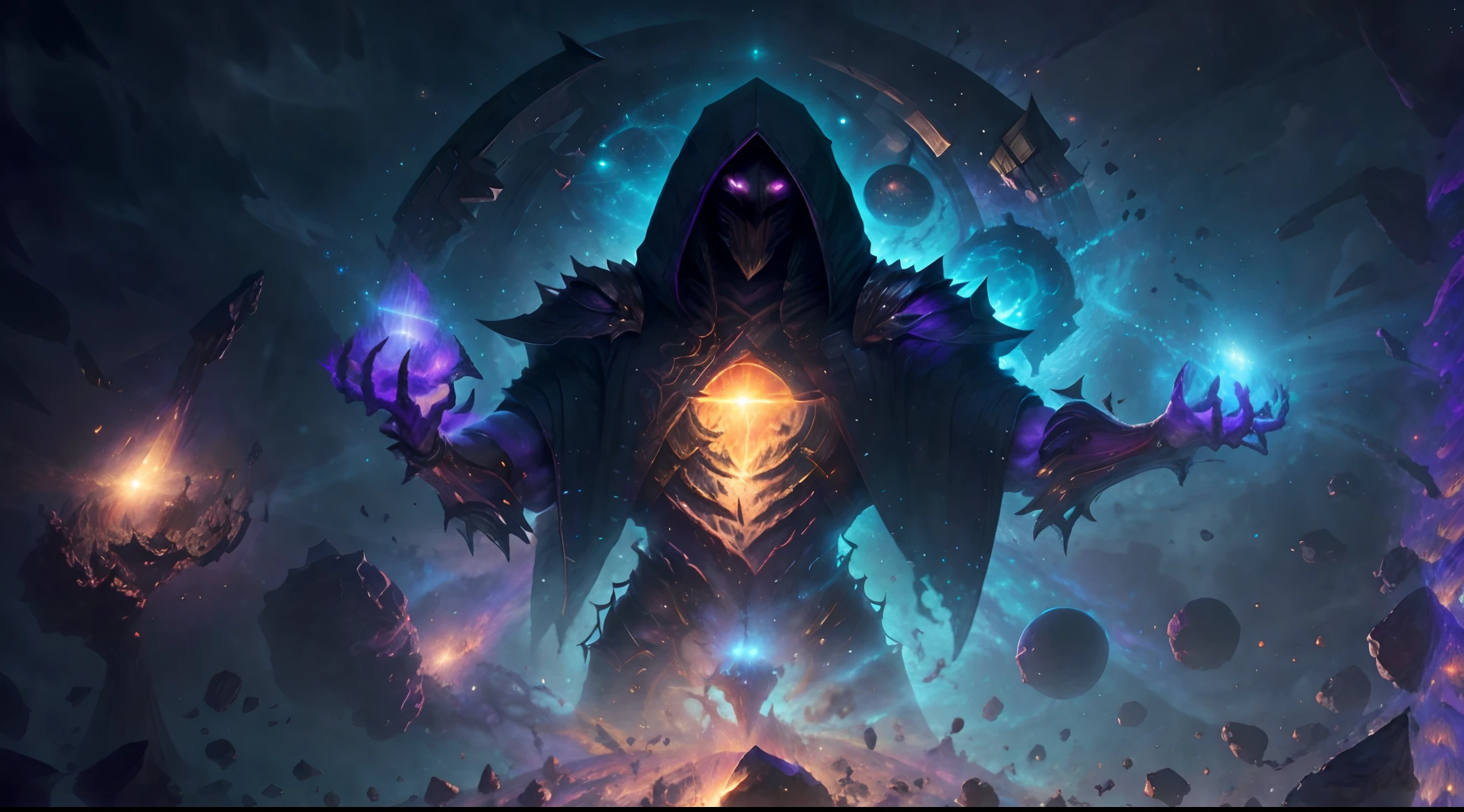 "One celestial muscular being in the center of the picture with a hood over and in hands there is brandishing magic with the luminosity of distant galaxies" ,best quality, masterpiece, ultra high res, (photo realistic:1.4), surrealism, dream-like,V0id3nergy,
a fantasy creature, Shadowdancer, shadow magic, darkness control, stealth, shadowstep, umbral spells.