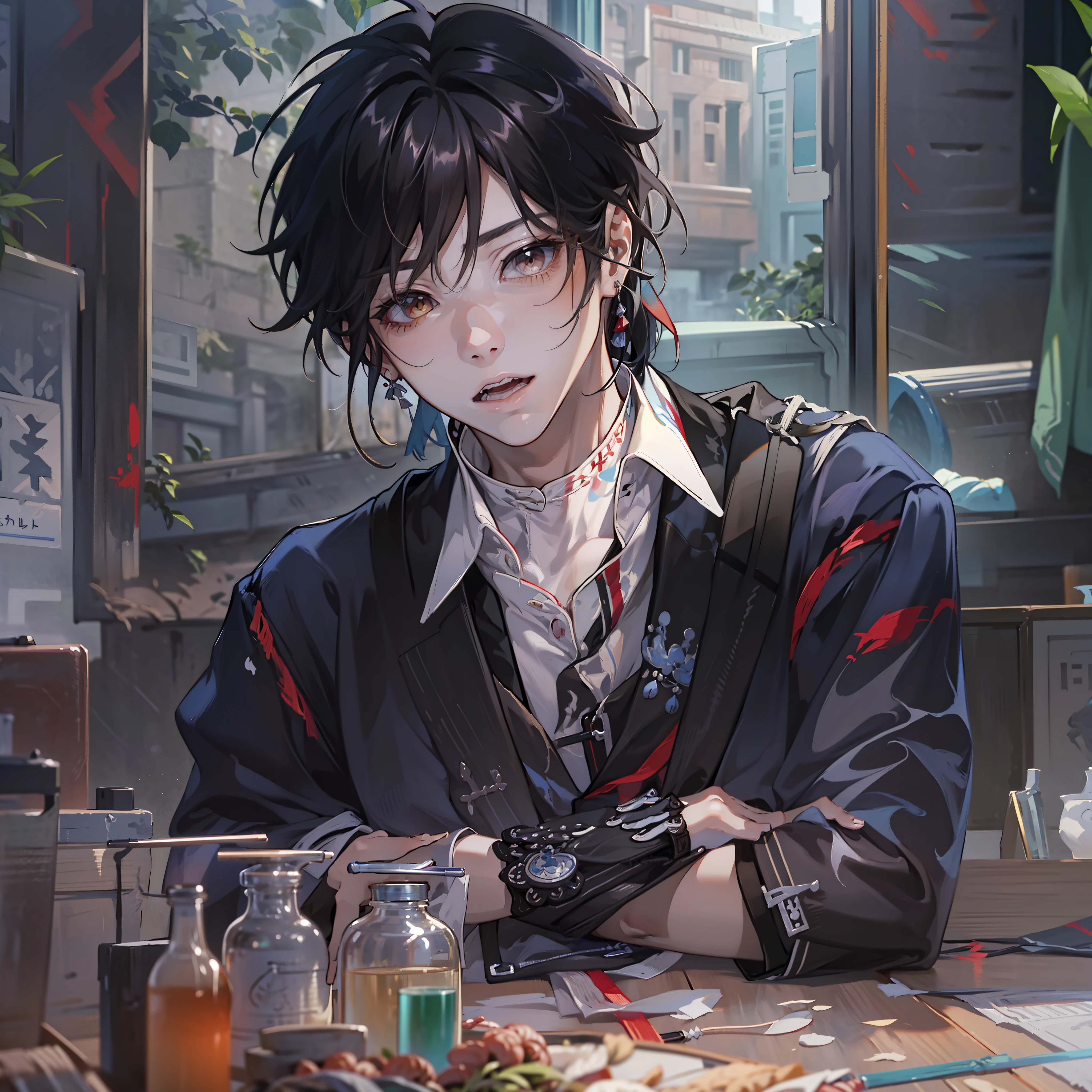 1 young man，，Black hair，Black shirt，red eyes，jewely，leafs，looking at viewert，female focus，choker necklace，The shirt，Wrist watch，In black suit，Messy long hair, Trends on ArtStation, 8K分辨率, The is very detailed, anatomically correcte, Sharp Images, digitial painting, concept-art, Popular trends on pixiv, Makoto Shinkai's style,A stylish shop，Very handsome，Dissection is correct，and harmonious，clean color，Smudge，Decisive cut，tmasterpiece，ultra-detailliert，Epic composition, high qulity, HighestQuali