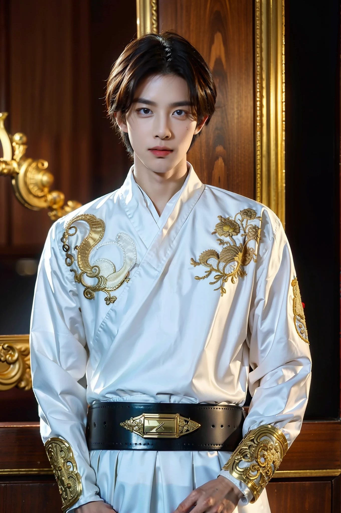 1boys,The upper part of the body,White cloth,short detailed hair,gold embroidery,Black gold embroidered belt,White collar,Wearing a Feiyu suit,facing to audience,Black gold embroidered wrist guards,(RAW photos,best qualtiy),(Realiy,Foto realism:1.4),tmasterpiece, Extremely Delicately Beautiful,extremely higly detailed,2k wallpaper,astounding,finedetail,extremely detaild的 CG unified 8k wallpapers,Super meticulous,A high resolution,the soft light,Handsome boy,extremely detailed eyes ancface,Beautiful detailed nose,Handsome and delicate eyes ,Cinema lighting,city night scene,Perfect anatomy,Strong body,ssmile