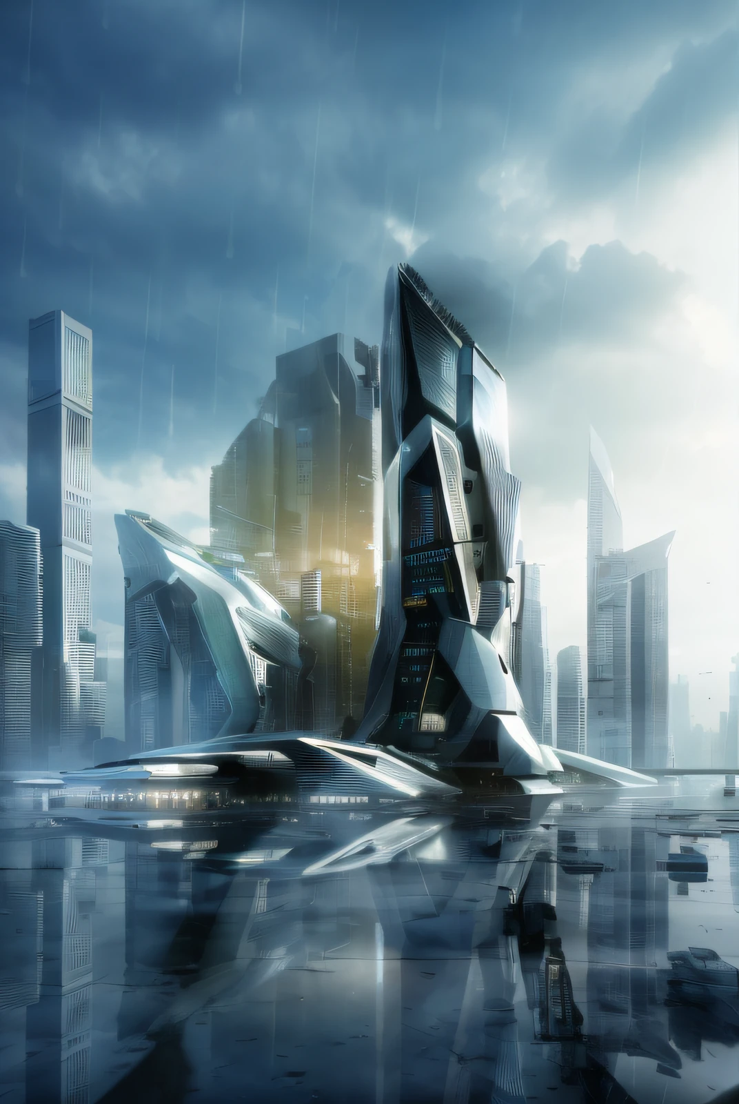 ((masterpiece, best quality)), 8k, modern architecture style, photo realistic, hyper detailed photo, clean sky, ruined city, cyberpunk,rain