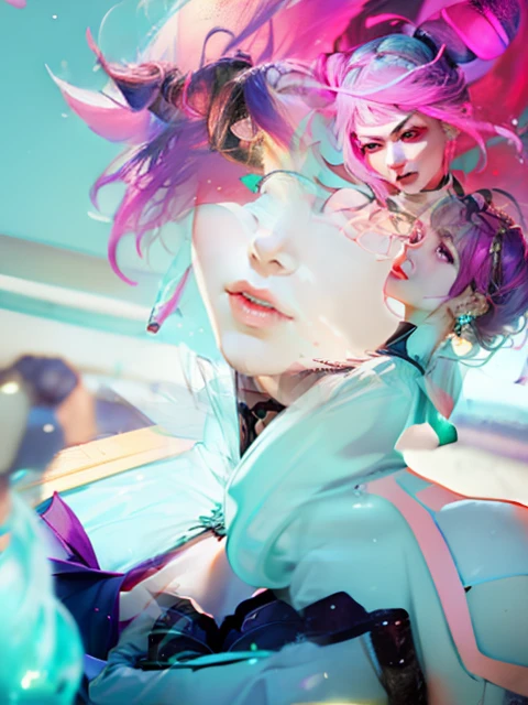 Mint green long-sleeved clothes、Big purple eyes with arched eyebrows and pink short splashed hair、White shoulder pads、Blue bustier and black lace、Gold Earrings、Girl in mint green clothes with open chest