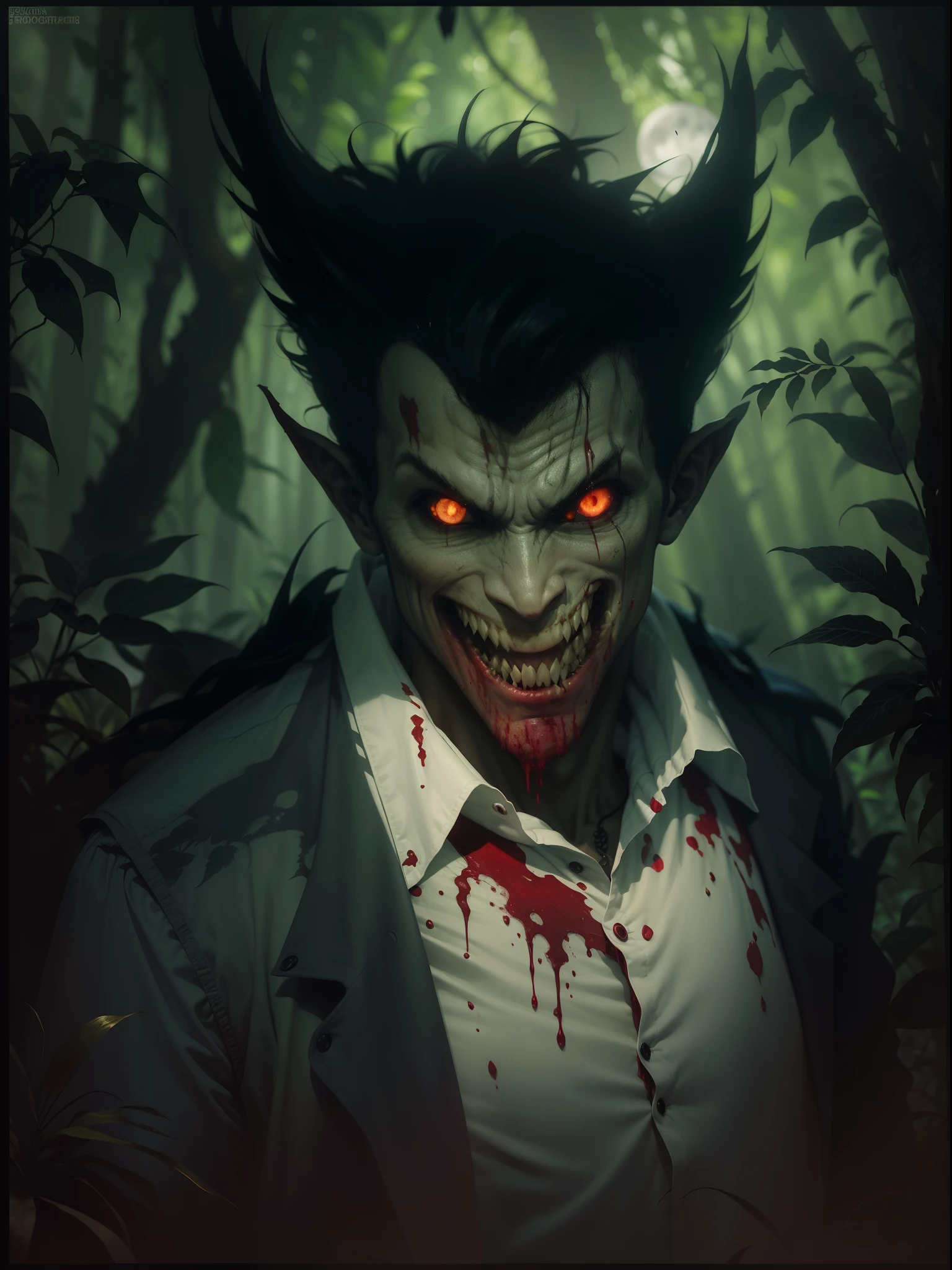 A fearsome vampire with bloody teeth lurking in the depths of a dark jungle, moonlight filtering through the dense canopy, casting eerie shadows, leaves rustling in the ominous silence, capturing the vampire's menacing grin and piercing gaze, Photography, low-light conditions, wide aperture, 50mm lens