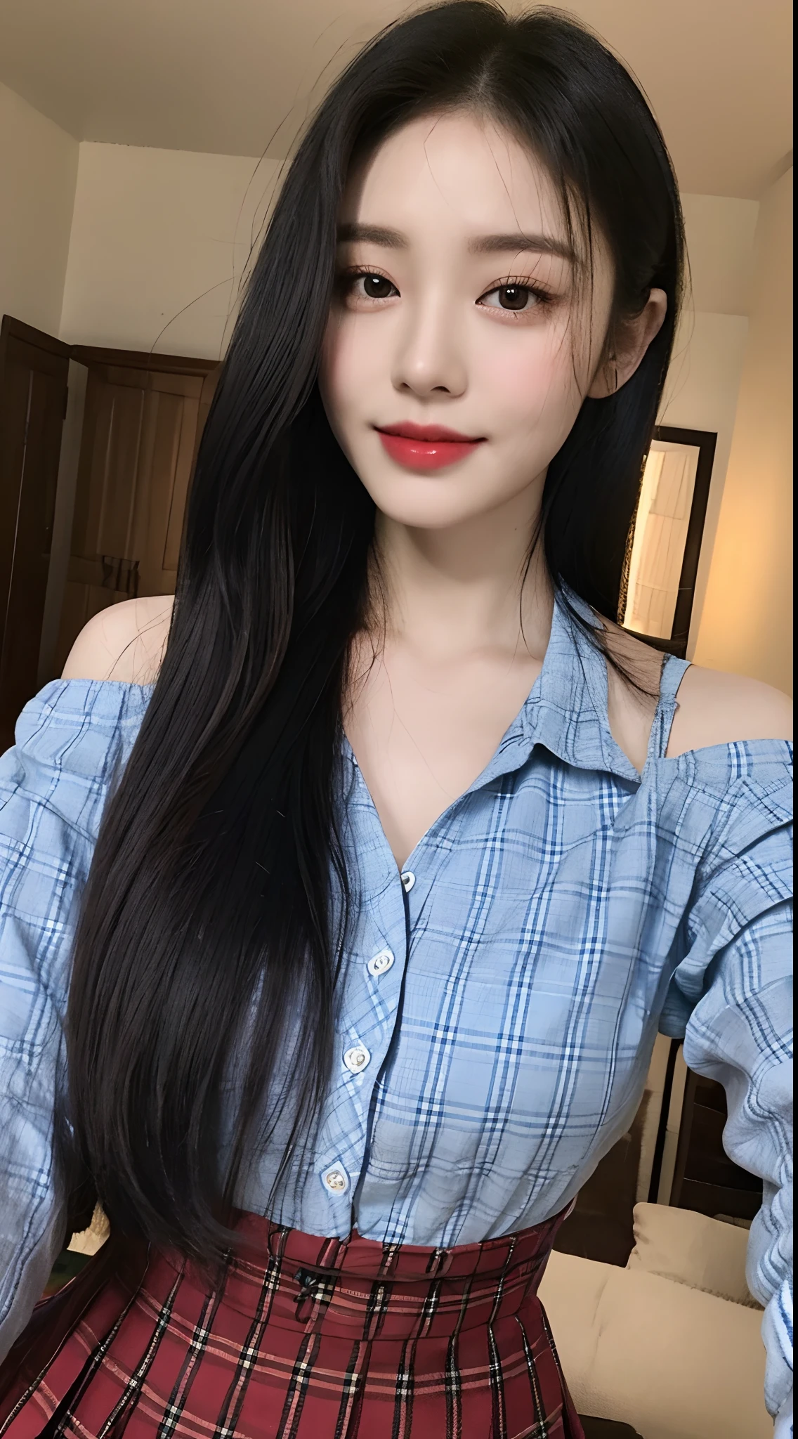 high detal，8K分辨率，超高分辨率，Best image quality，a beauty girl，lipsticks，Love pupils，Peerless beauty，Messy black straight hair，shoulder-length short hair，（Coiled hair）Smooth hair，Intense and beautiful makeup，Exquisite and perfect facial features，the most beautiful big eyes，Be red in the face，Sweet smile，（Wearing a blue lace shirt with buttons，tiese ，Plaid pleated skirt）Open navel，Thin waist，（Full breasts）Get close to the viewer，dynamic angle，Extreme picture quality，Highest accuracy
