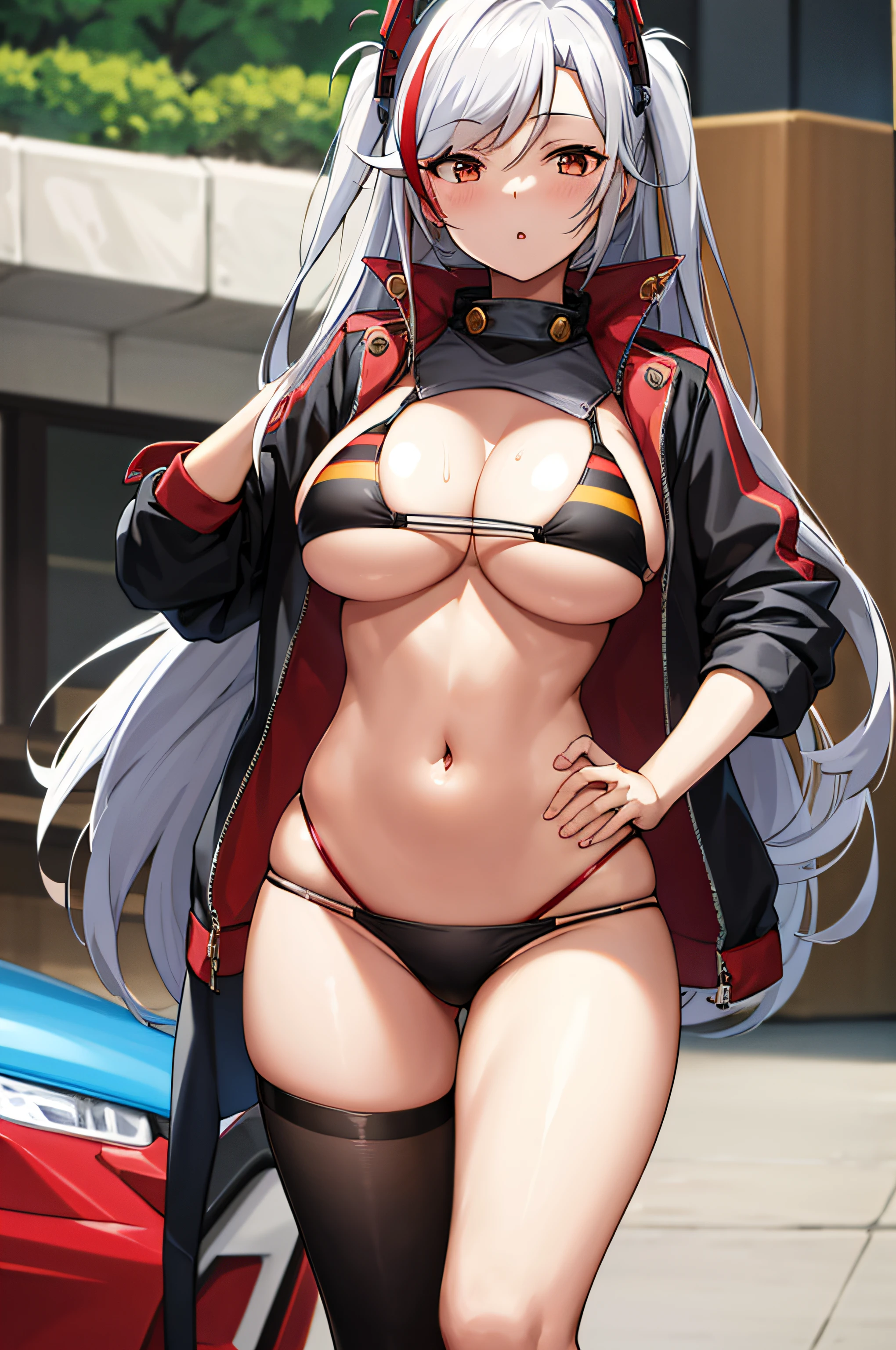 masutepiece, Best Quality, PrinzV4, 1girl in, Solo, Long hair, breasts, Looking at Viewer,Large breasts, Navel, Holding, White hair, Red hair, multicolored hair, Open jacket, striated hair, Black jacket, put hands on the hip, underboob, Headgear, a flag, Pending Flag,Poses that emphasize breasts、top-quality,Bikini swimwear、Black swimsuit、