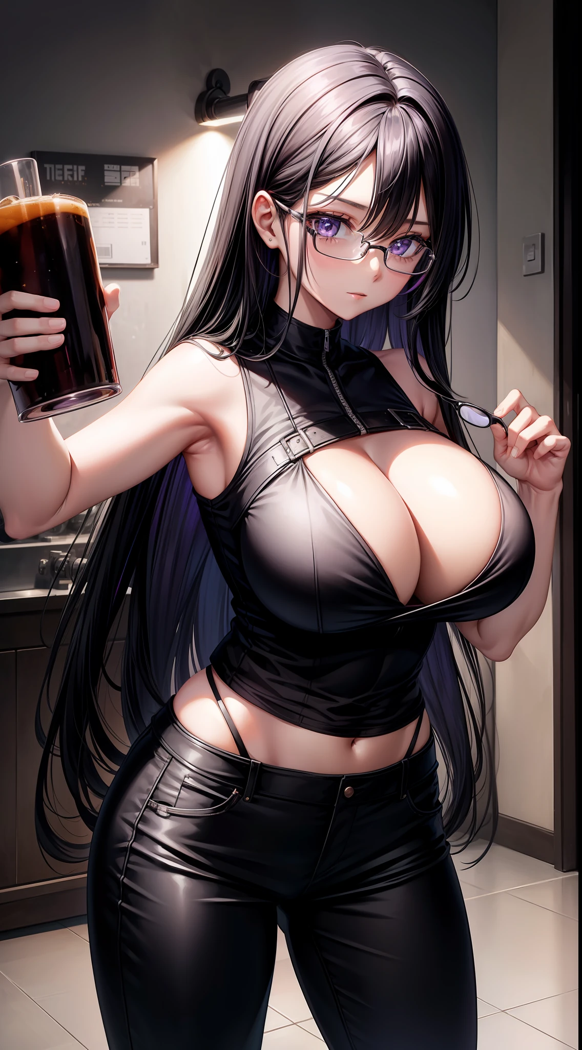 young girl, Long black hair, violet eyes, eyeglasses, Black sleeveless shirt, Huge-breasts, pants, fuel oil, An overly curious person, Masterpiece, hiquality