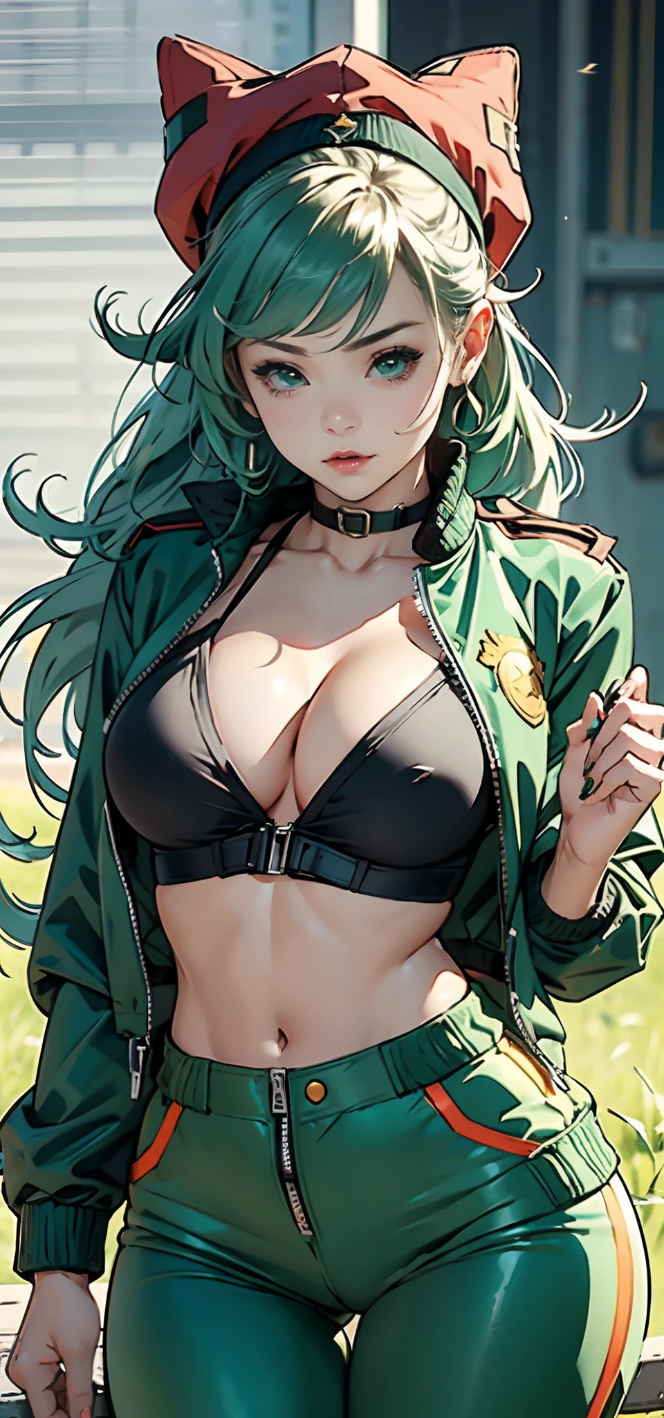 1female,Bigchest,girl soldier,Raised sexy,The kinky is exposed,green colored bomber jacket,nakeness,skinny pants,extremely large bosom,big breasts thin waist,long leges