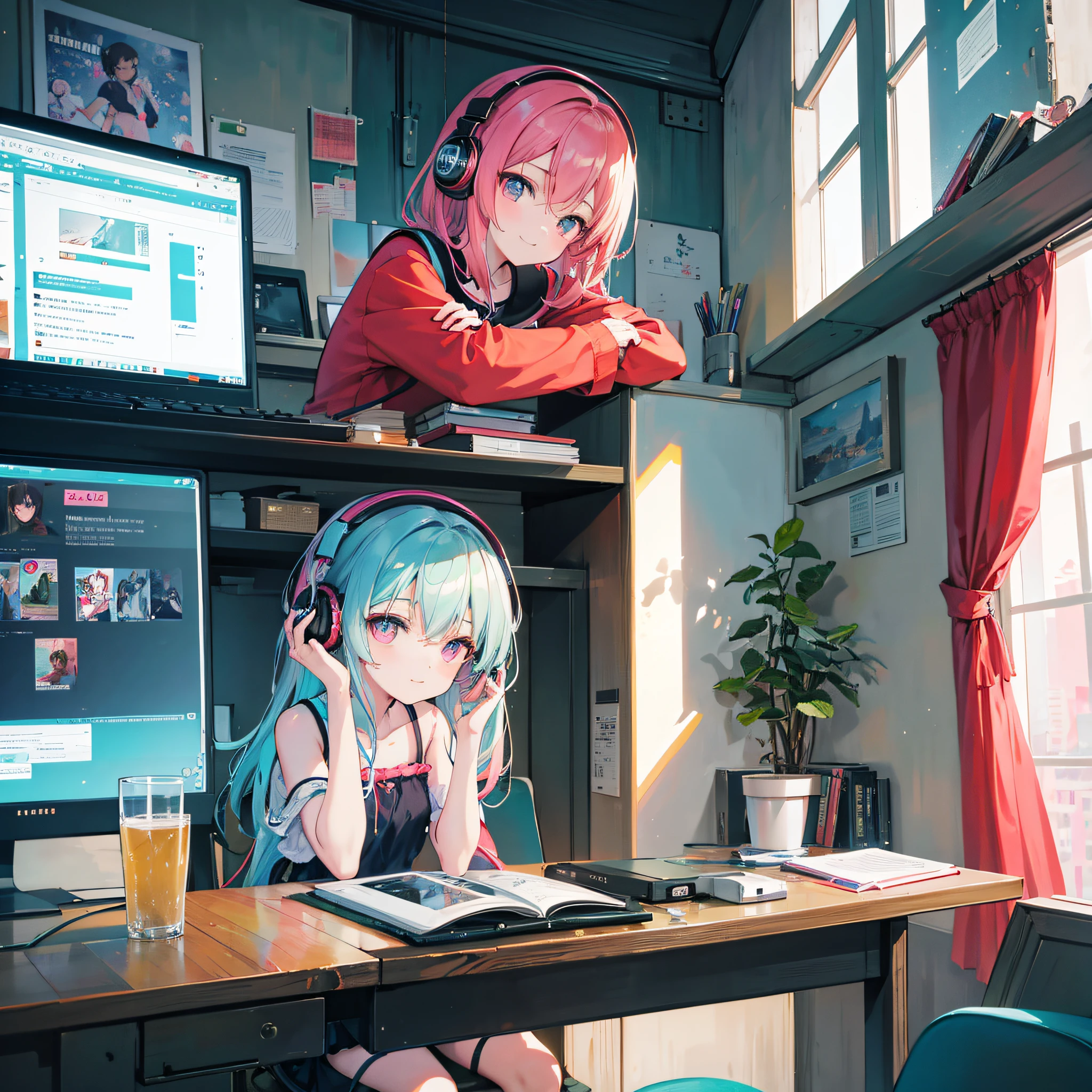 Anime girl sitting at the table with laptop and headphones, rubia, sonriendo, una imagen inspirada en Satoshi Kon, in Rio de Janeiro, tumblr, Modernismo, Chica Lofi, Alabanza Artstyle, lofi girl aesthetic, Arte Lofi, Lofi hip hop, Colores Lofi, Lofi Sensation, NULO, Vibraciones Lofi, lofi aesthetic, Ambiente Lofi, Retrato de Lofi