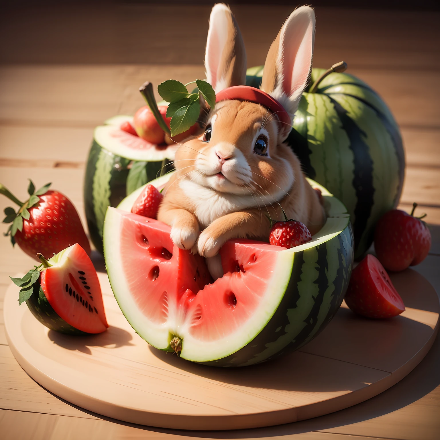 :3. Rabbit, realistic, hairy, clothed animal, apple, bear, teak, cherry, food, fruit, full body, hat, non-human, strawberry, tomato, watermelon