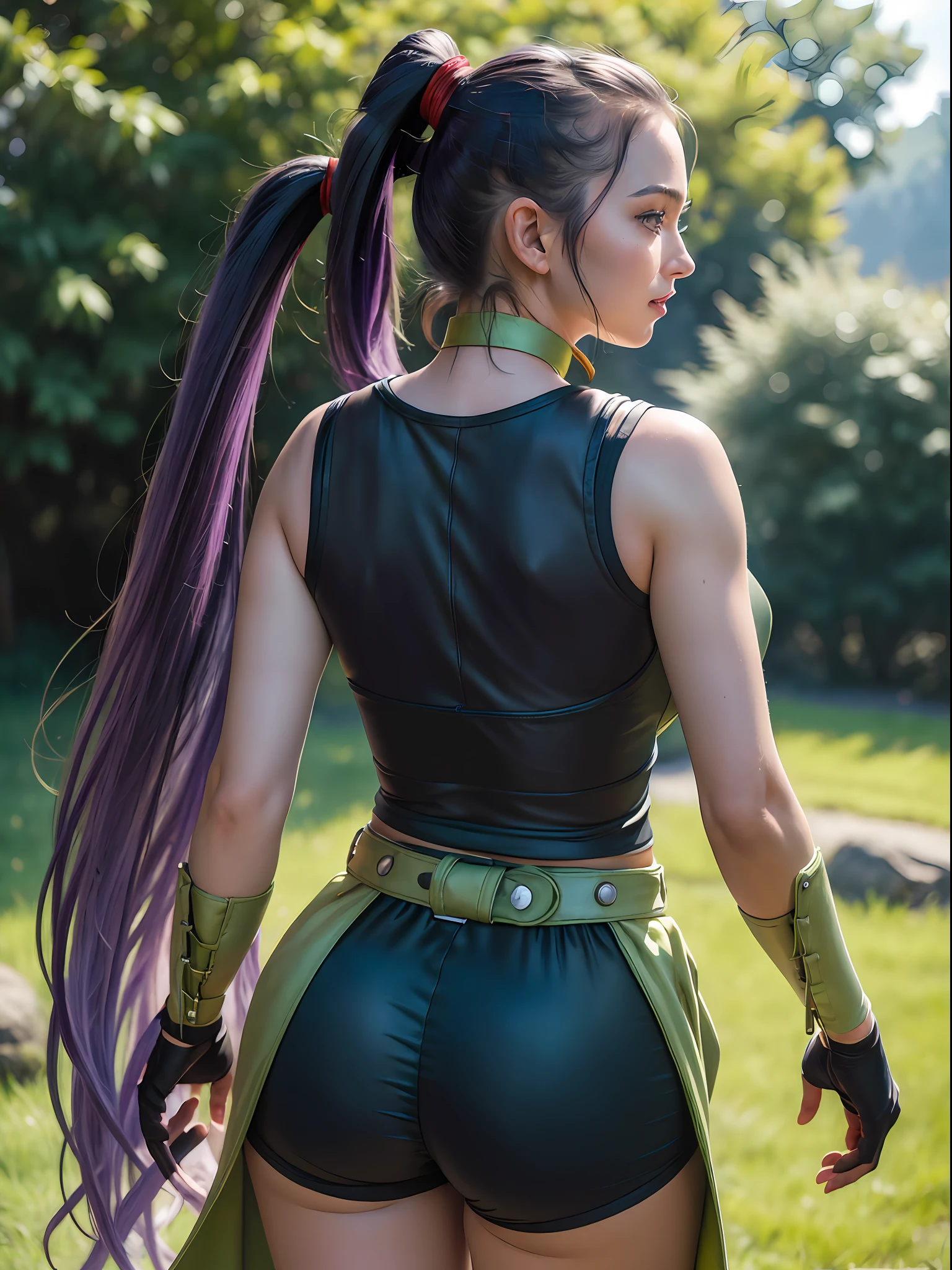 ((Masterpiece:1.4)), (high resolution:1.4), (standding:1.5), (from behind:1.4), (1girl:1.5) solo, martina, purple eyes, purple hair, very long hair, ponytail, hair scrunchie, green choker, o-ring top, tank top, sleeveless, fingerless gloves, green gloves, waist cape, black shorts, green belt, boots(full body:1 5) , beautifull smile, beautiful face, highly detailed face, higly detailed eyes, highly detailed skin, skin pores, realistic pupils, full face blush, full lips, (perfect anatomy:1.1), (perfect proportions:1.1), (photography:1.1), (photorealistic:1.1), volumetric lighting, dynamic lighting, real shadows, (highres:1.1), sharp focus, daylight, (realistic, hyperrealistic:1.4), intricate, high detail, dramatic, subsurface scattering, big depth of field, vivid, polished, sharpened, ((full Sharp)), (extremely absurdres),16k hdr,