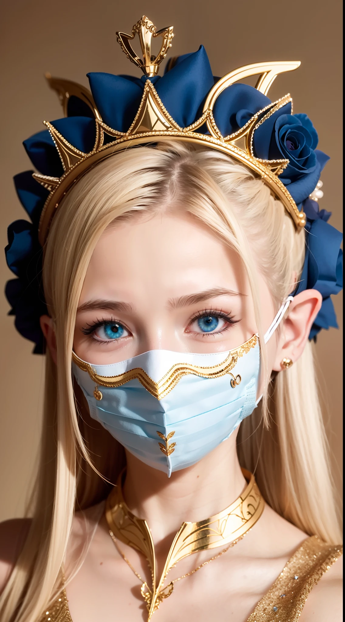 The rose pattern mask is delicately depicted,Delicate skin,Blue charming eyes,Blonde hair,elvish ears,Silvery crown,best quality wallpaper,ultra HD picture quality。
