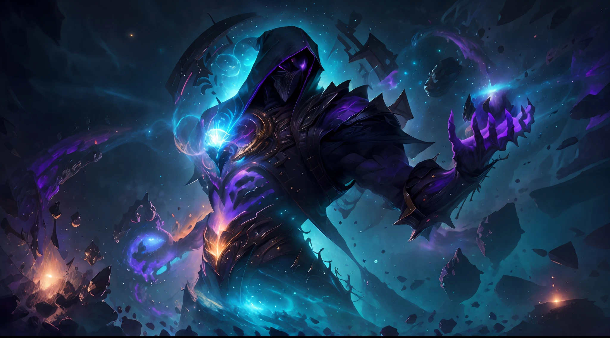 "One celestial muscular being in the center of the picture with a hood over and in hands there is brandishing magic with the luminosity of distant galaxies" ,best quality, masterpiece, ultra high res, (photo realistic:1.4), surrealism, dream-like,V0id3nergy,
a fantasy creature, Shadowdancer, shadow magic, darkness control, stealth, shadowstep, umbral spells.