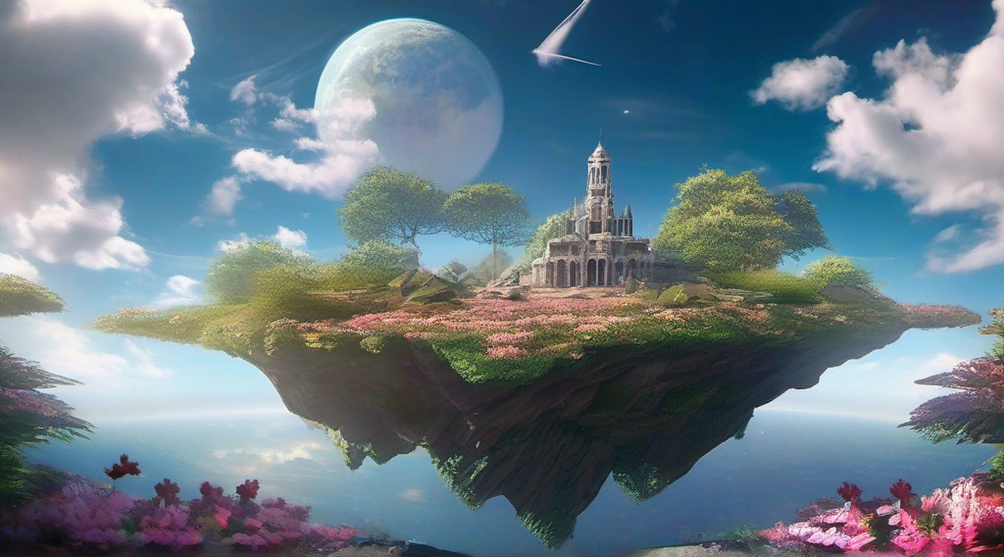 ccurate, best quality, masterpiece, UHD, high details, award winning, (Amazing:1.1), (Surrealism), Conceptual art, Verism, cinematic lighting, floating island in the sky, ruins, (((beautiful flower garden))), Horizon, blue sky, paradise scenery, flowers, wind flow, (((fantasy))), frontier, (magnificent space), blurry foreground, bokeh, Hasselblad, lens flare, beautiful high school girl, (17 yr old), ((((full body)))), from behind, bocks open, without looking at me, (((wearing school uniform))), black eyes, black hair, (floating hair), ((8 life size)), detailed hairstyles, detailed bodyline, anatomically correct,