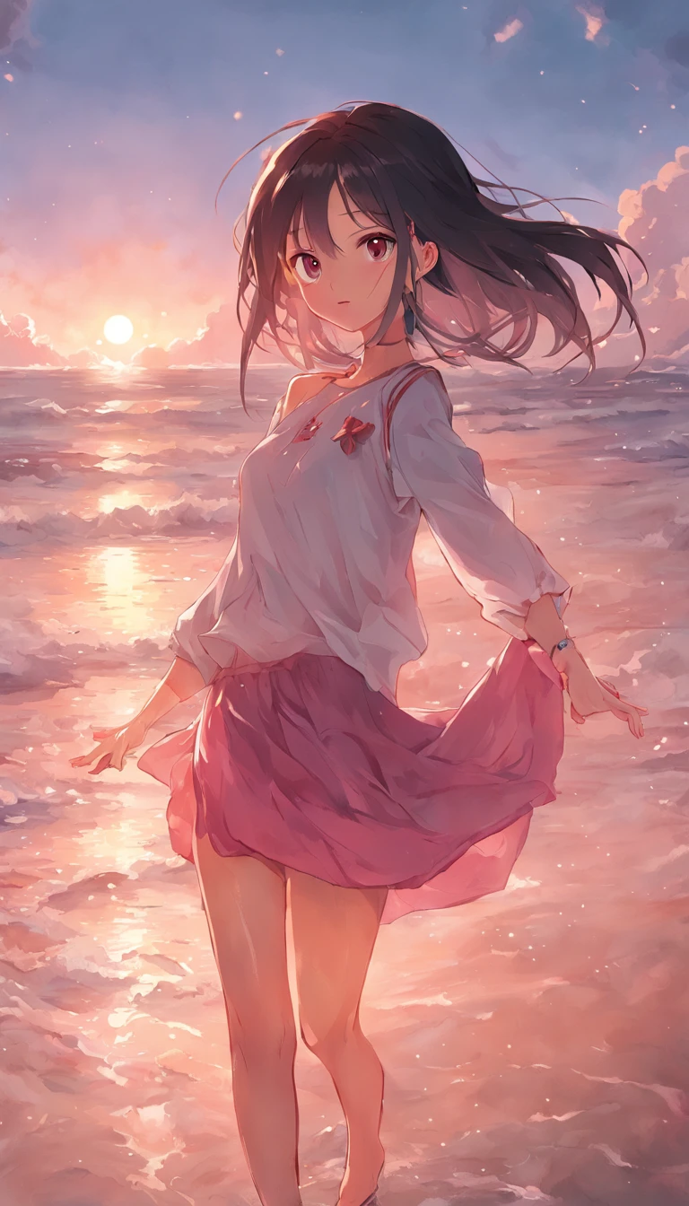 best qualtiy,tmasterpiece,超高分辨率,(真实感:1.4),RAW photogr,warm lights,The sea and the beach,1girl,Walking on the beach,White color blouse,Short pink skirt,sandals,the setting sun,cabelos preto e longos,(slim,dignified,shyexpression),Beautiful teenage girl,Beautiful goddess,Detailed scenes, Beautiful digital illustration, the detail,Hyper-detailed, Cinematic quality,((from below))