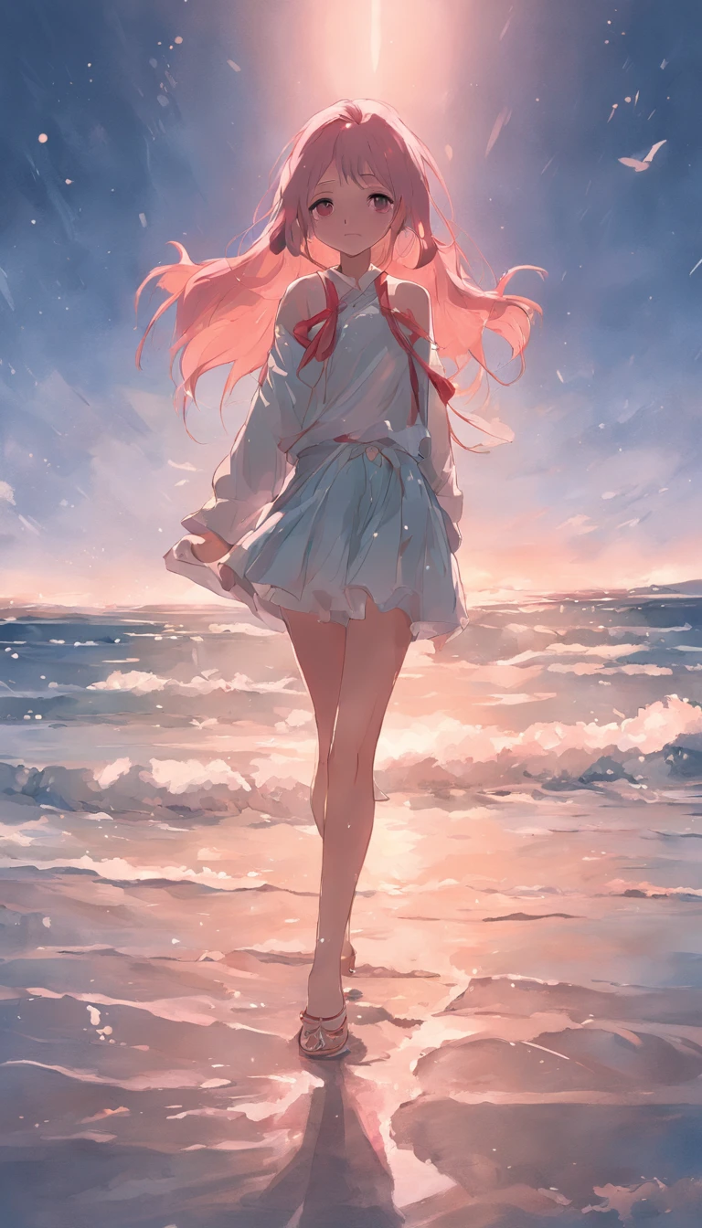 best qualtiy,tmasterpiece,超高分辨率,(真实感:1.4),RAW photogr,warm lights,The sea and the beach,1girl,Walking on the beach,White color blouse,Short pink skirt,sandals,the setting sun,cabelos preto e longos,(slim,dignified,shyexpression),Beautiful teenage girl,Beautiful goddess,Detailed scenes, Beautiful digital illustration, the detail,Hyper-detailed, Cinematic quality,((from below))