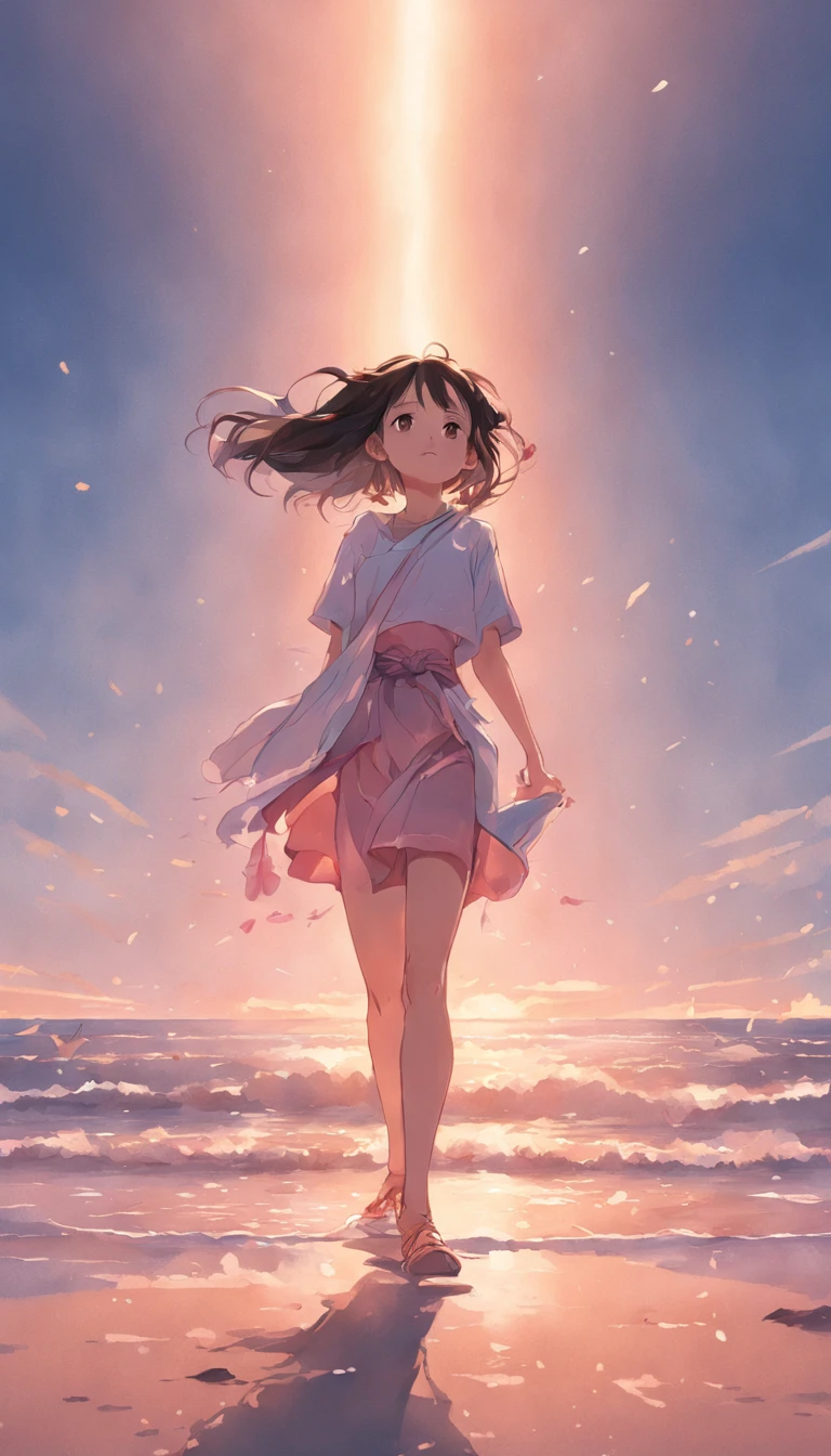 best qualtiy,tmasterpiece,超高分辨率,(真实感:1.4),RAW photogr,warm lights,The sea and the beach,1girl,Walking on the beach,White color blouse,Short pink skirt,sandals,the setting sun,cabelos preto e longos,(slim,dignified,shyexpression),Beautiful age girl,Beautiful goddess,Detailed scenes, Beautiful digital illustration, the detail,Hyper-detailed, Cinematic quality,((from below))