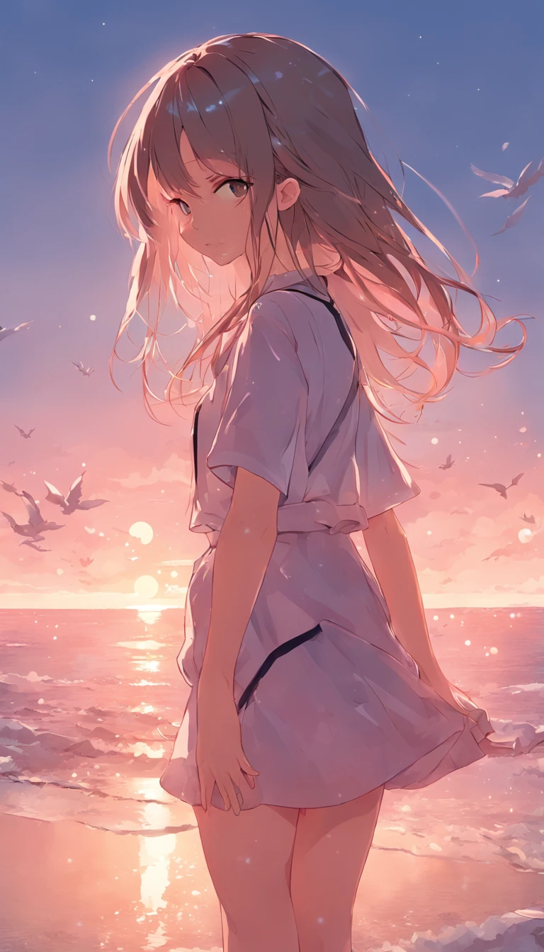 best qualtiy,tmasterpiece,超高分辨率,(真实感:1.4),RAW photogr,warm lights,The sea and the beach,1girl,Walking on the beach,White color blouse,Short pink skirt,sandals,the setting sun,cabelos preto e longos,(slim,dignified,shyexpression),Beautiful teenage girl,Beautiful goddess,Detailed scenes, Beautiful digital illustration, the detail,Hyper-detailed, Cinematic quality,((from below))