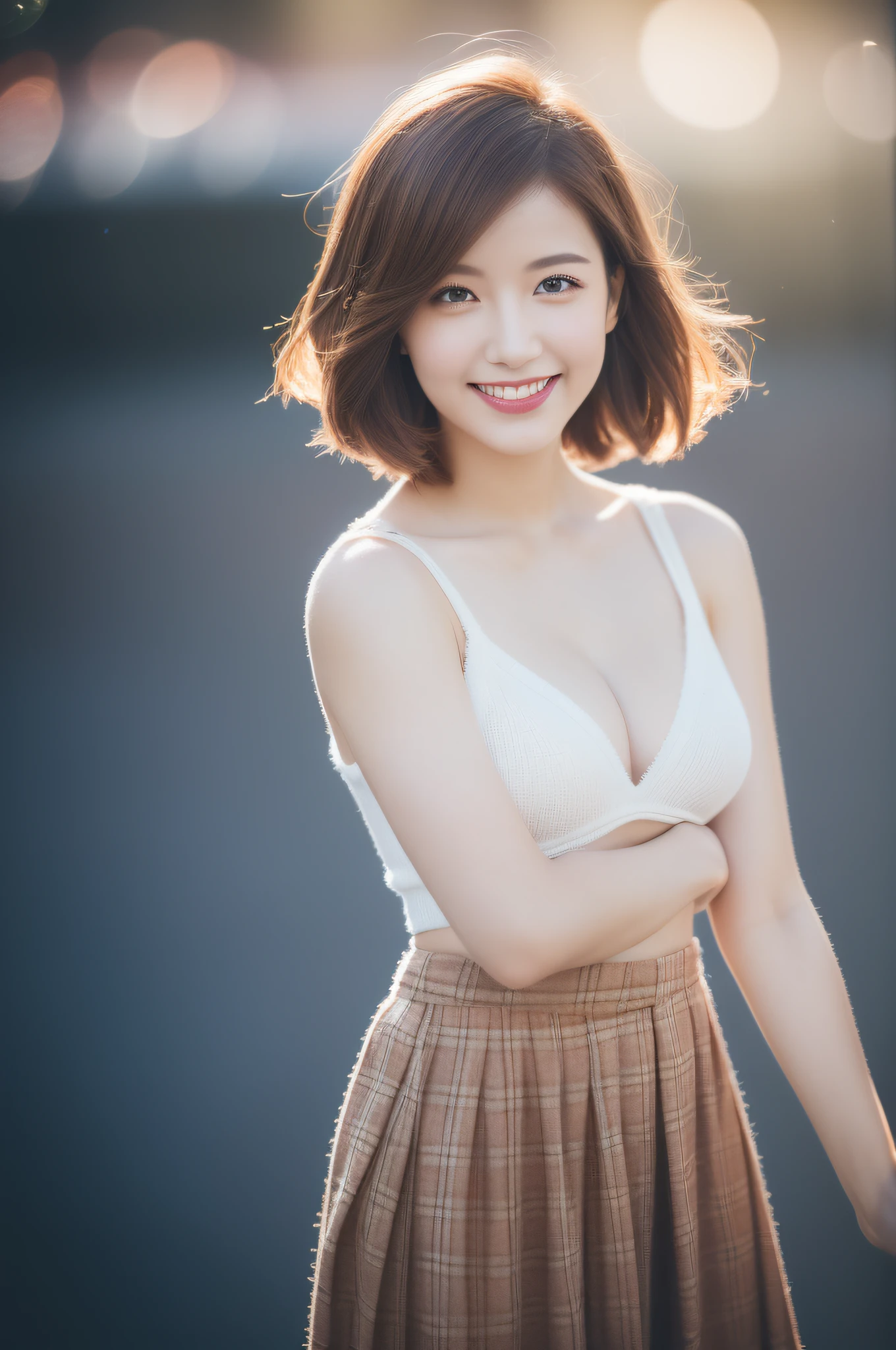 Girl 1 person, lips, lipstick, plaid skirt, realistic, skirt, knitted, solo, standing, top quality, photorealistic, masterpiece, 8k, high resolution, solo, (female))), (middle breast), (((viewer)), (looking at camera), (short hair), (professional lighting, bokeh), angle view from above, highly detailed face, Fashionable and trendy atmosphere, Japan, street, park, cherry blossoms, (((day)), (portrait: 0.6), seductive smile, gorgeous floating hair, (light particles, lens flares, glowing particles: 0.6), (dynamic pose: 1.2), soft lighting, brown hair, full body, thin face, (small breasts: 1)