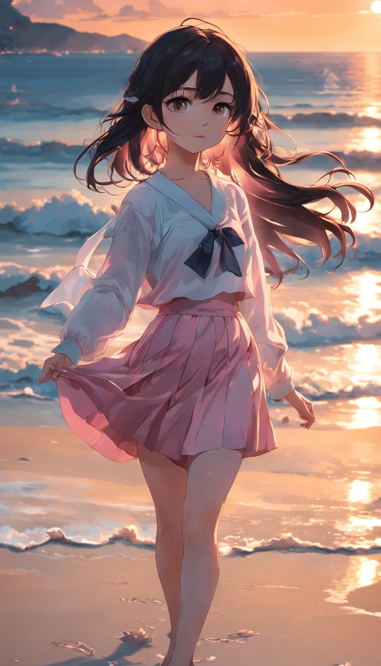 best qualtiy，tmasterpiece，超高分辨率，（真实感：1.4），RAW photogr，warm lights，The sea and the beach，1girl，Walking on the beach，White color blouse，Short pink skirt，sandals，the setting sun，cabelos preto e longos，（slim，dignified，shyexpression），Beautiful teenage girl，Beautiful goddess，Detailed scenes, Beautiful digital illustration, the detail，Hyper-detailed, Cinematic quality，((from below))