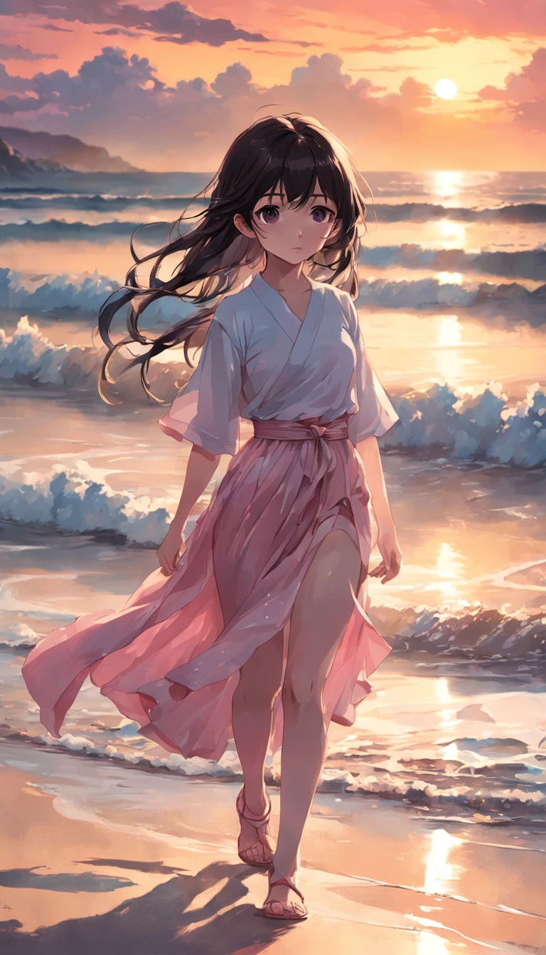 best qualtiy,tmasterpiece,超高分辨率,(真实感:1.4),RAW photogr,warm lights,The sea and the beach,1girl,Walking on the beach,White color blouse,Short pink skirt,sandals,the setting sun,cabelos preto e longos,(slim,dignified,shyexpression),Beautiful age girl,Beautiful goddess,Detailed scenes, Beautiful digital illustration, the detail,Hyper-detailed, Cinematic quality,((from below))