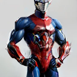 A man in a red and blue suit stands with his hands crossed at the waist, Ultraman, ultra hyper-detailed, full body mascot, full body with costume, standing, Full body suit, lycra costume, ultra mega detailed, fantastic non human character, Men are covered in organic armor, Tokusatsu, complete detailed body, zentai suit, tokusatsu suit vaporwave
