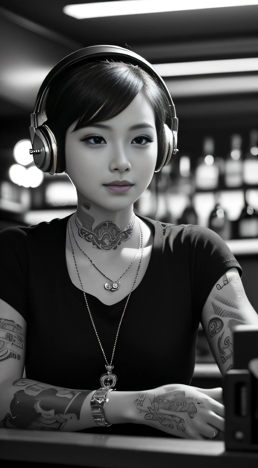 Best quality, Masterpiece, Ultra High resolution, (Fidelity :1.4), (B&W:1.3), original photo, Edge lighting, two-tone Light, Professional, Photography, 1 girl, bar, girl wearing headphones, Dding in bar, DJ, DJ booth, DJ machine, (buzz cut:1.1), (Tattoo :1.1), Happy, Dynamic, Gucci, Versace, cool, necklace, view