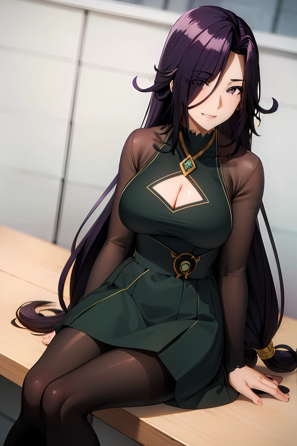 masterpiece, best quality, AuroraV4, 1girl, solo, looking at viewer, purple hair, long hair, solo, ((blush, long sleeves, pantyhose, alternate costume, brown sweater, sleeves past wrists, black pantyhose, ribbed sweater, thighband pantyhose, ankle boots)), breasts, indoors, japanese architecture, holding cup, cup, couch, sitting, professional lighting, smile, cowboy shot, cleavage, very long hair, black hair, night