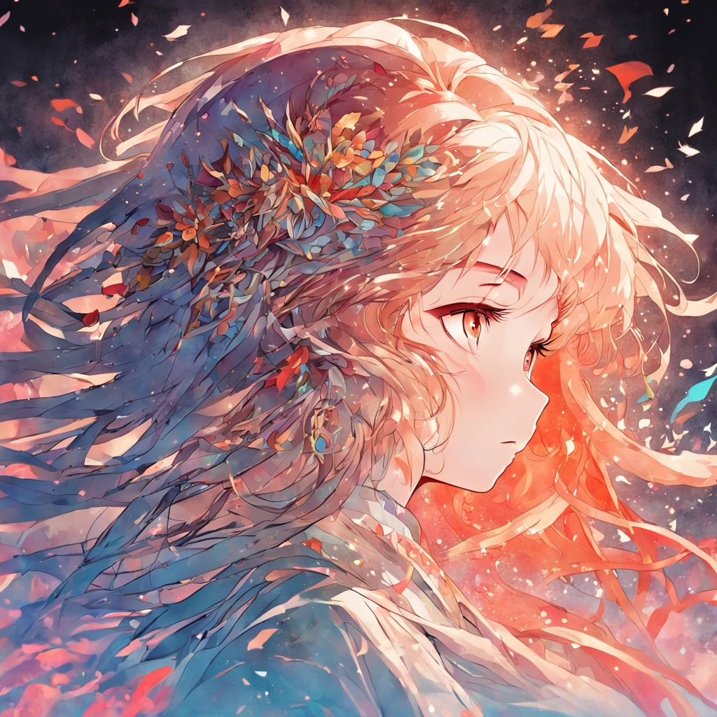 (White background:1.4),(Silhouette of a girl's head, Eyes closed, colorfull long hair, Oriental elements)，(Chinese illustration:1.3，paper art:1.3, Quilted paper art:1.2),( reasonable design, Clear lines, High sharpness,Best quality, Very detailed, Masterpiece, movie light effect, 4K )