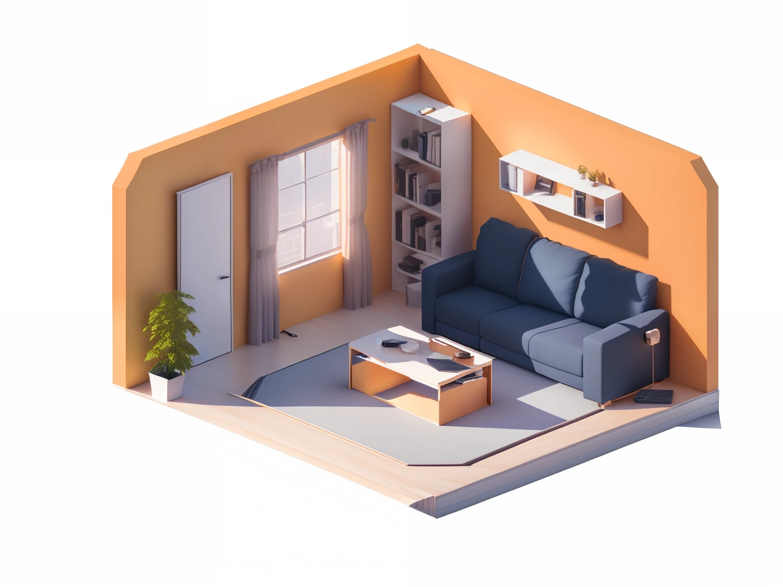 a view of a living room with a couch, Table, and a tv, isometric 8k, stylized 3d render, isometric 3d render, 3 d stylize scene, 3 d rendered in octane, 3d rendered in octane, rendered lighting, Isometric style, Isometric art, prerendered isometric graphics, 3D scene, 3d scene