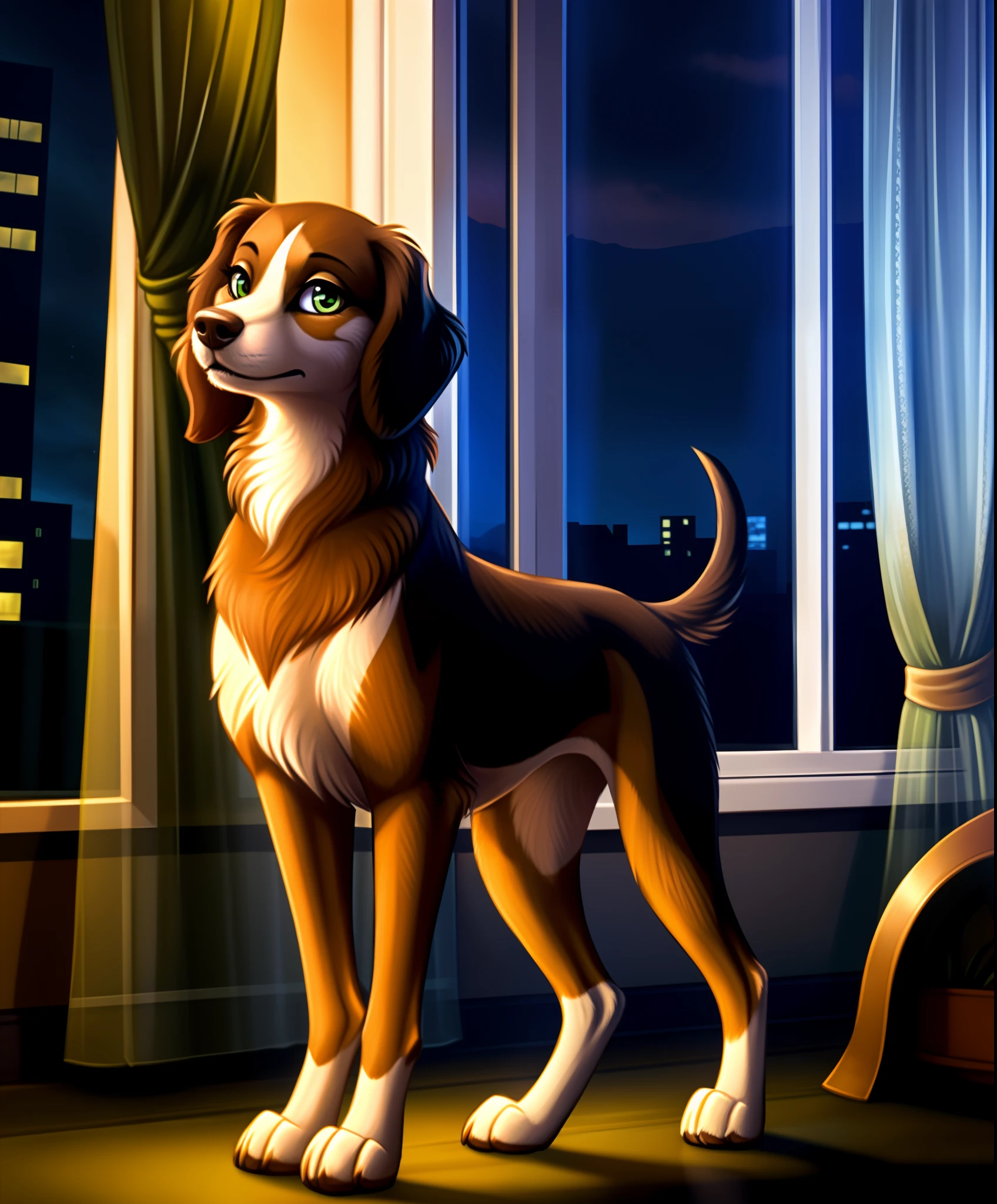 sasha la fleur, solo, standing, full body, indoors, no humans, window, night, canine, domestic dog, brown hair, brown fur, body fur, green eyes, black pupils, female, feral, detailed background, highly detailed, 4k, tail animal paws, 1girl, perfect eyes,