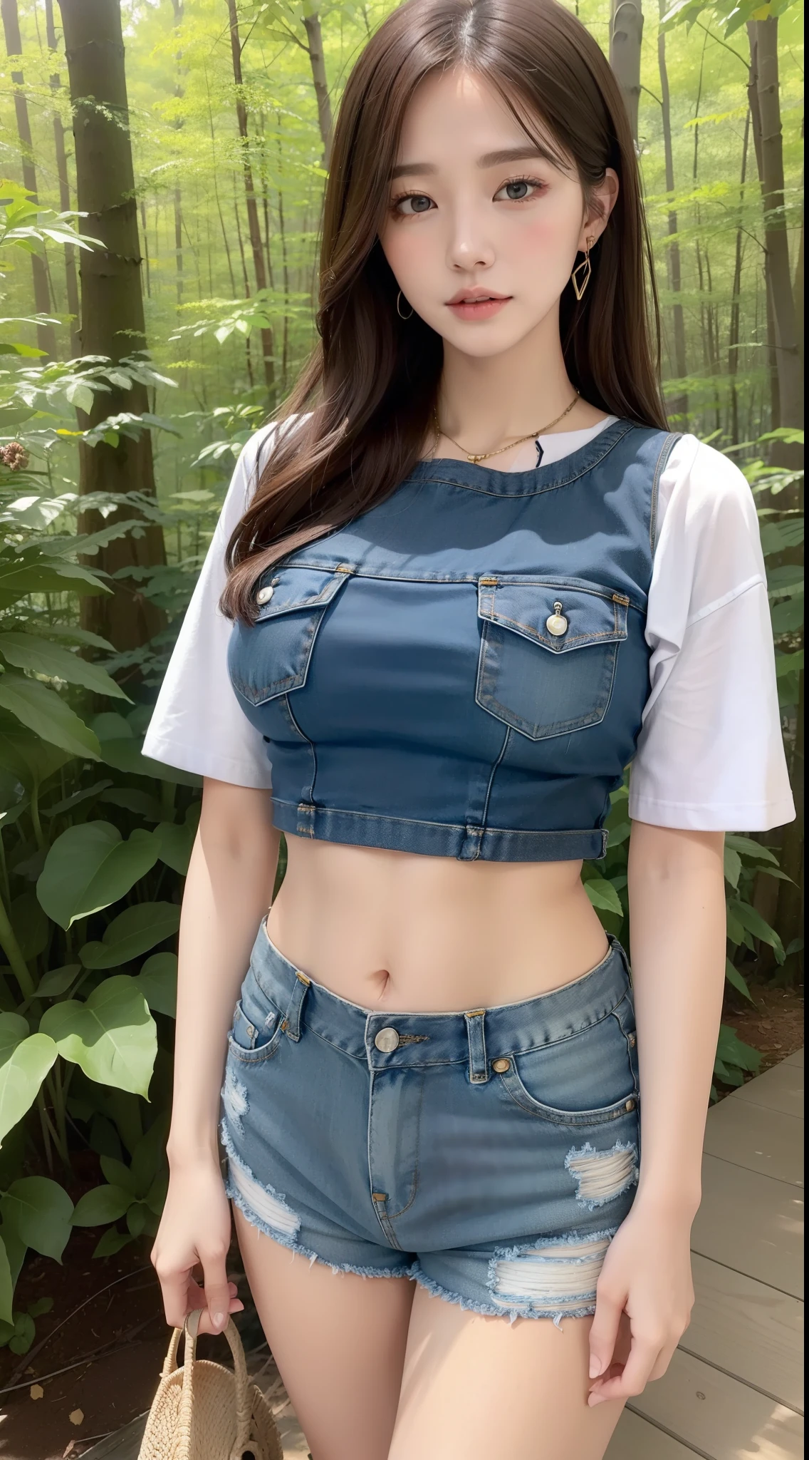 ((top-quality、8K、masterpiece:1.3))、voluptuous woman、1girl in、(Slender figure:1.2)、dark brown hair、hyperdetailed face、Detailed lips、A detailed eye、二重まぶた、(huge-breasted:1.2)、Random T-shirt、Random attire、random place、Specific women、Plain clothe、Dressing、ssmile、(Path in the woods:1.2)、Summer casual style with border pattern top and denim shorts。