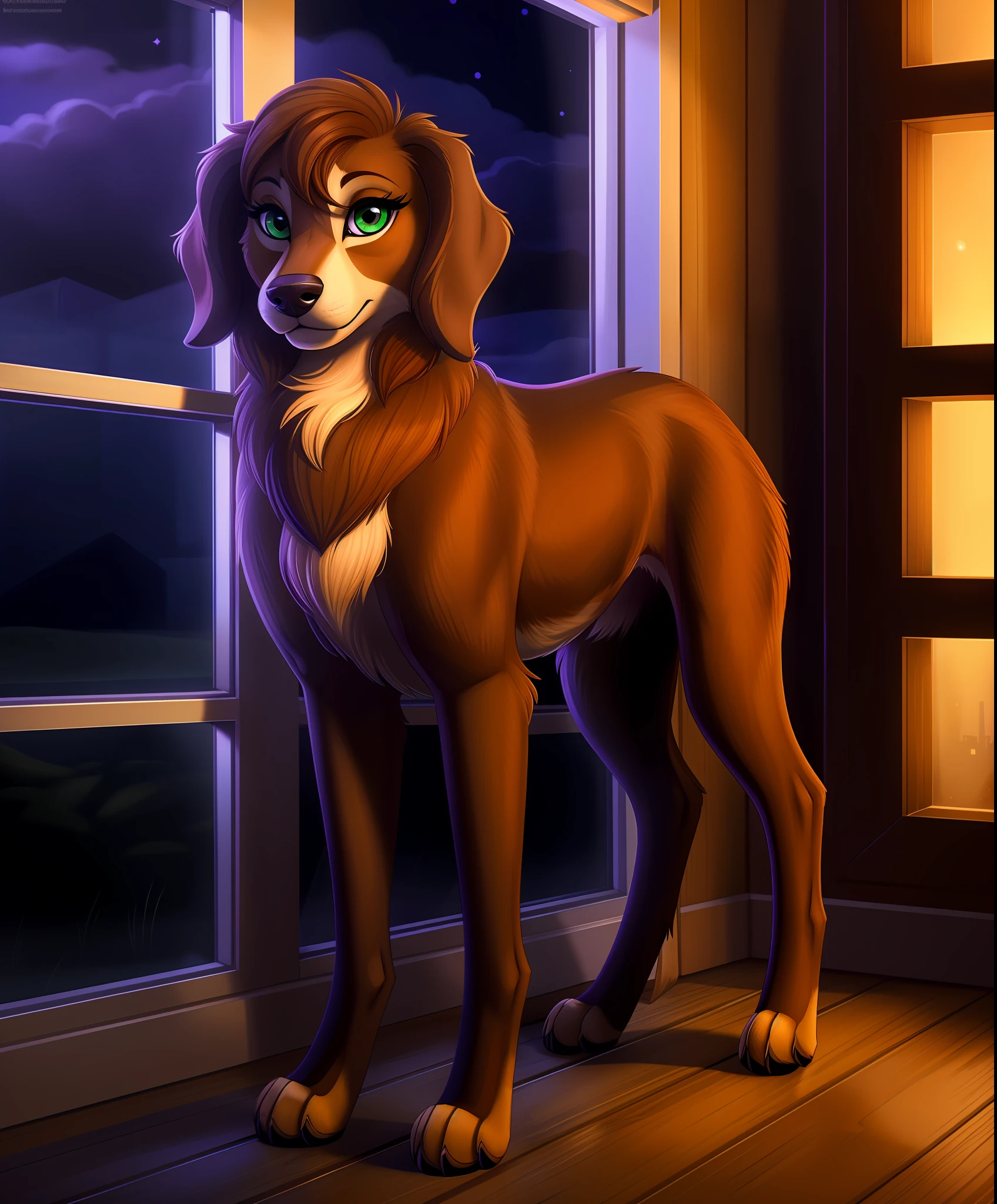 sasha la fleur, solo, standing, full body, indoors, no humans, window, night, canine, domestic dog, brown hair, brown fur, body fur, green eyes, black pupils, female, feral, detailed background, highly detailed, 4k, tail animal paws, 1girl, perfect eyes,