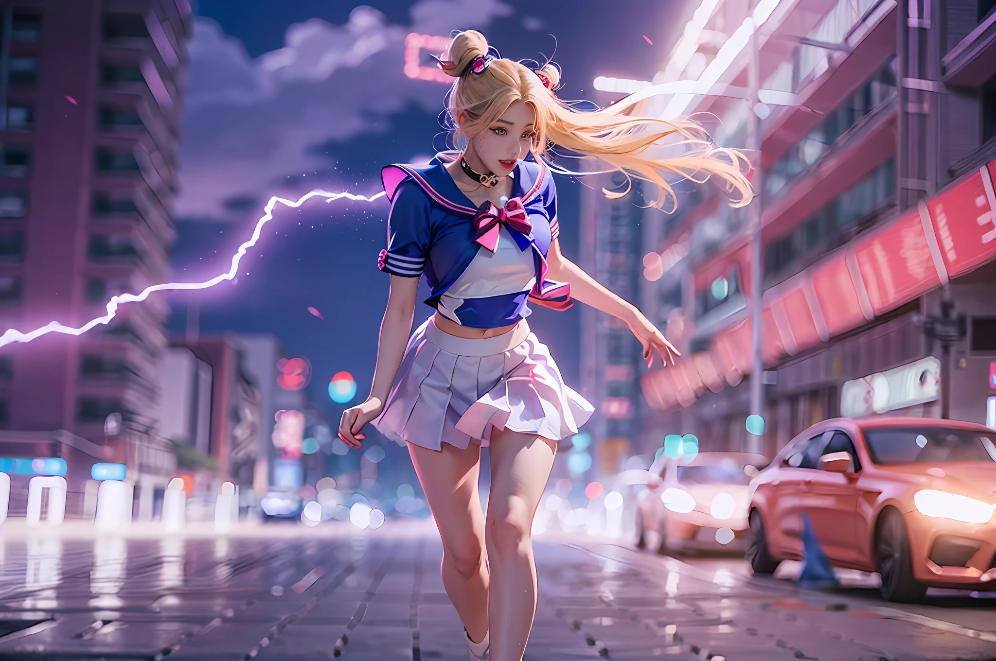 1girl, super beautiful girl, dream girl, sailor moon cosplay, ulzzang, running, in the background a city, lightning in the sky, ultra details, ultra realistic, cinematic , octane render, 16k