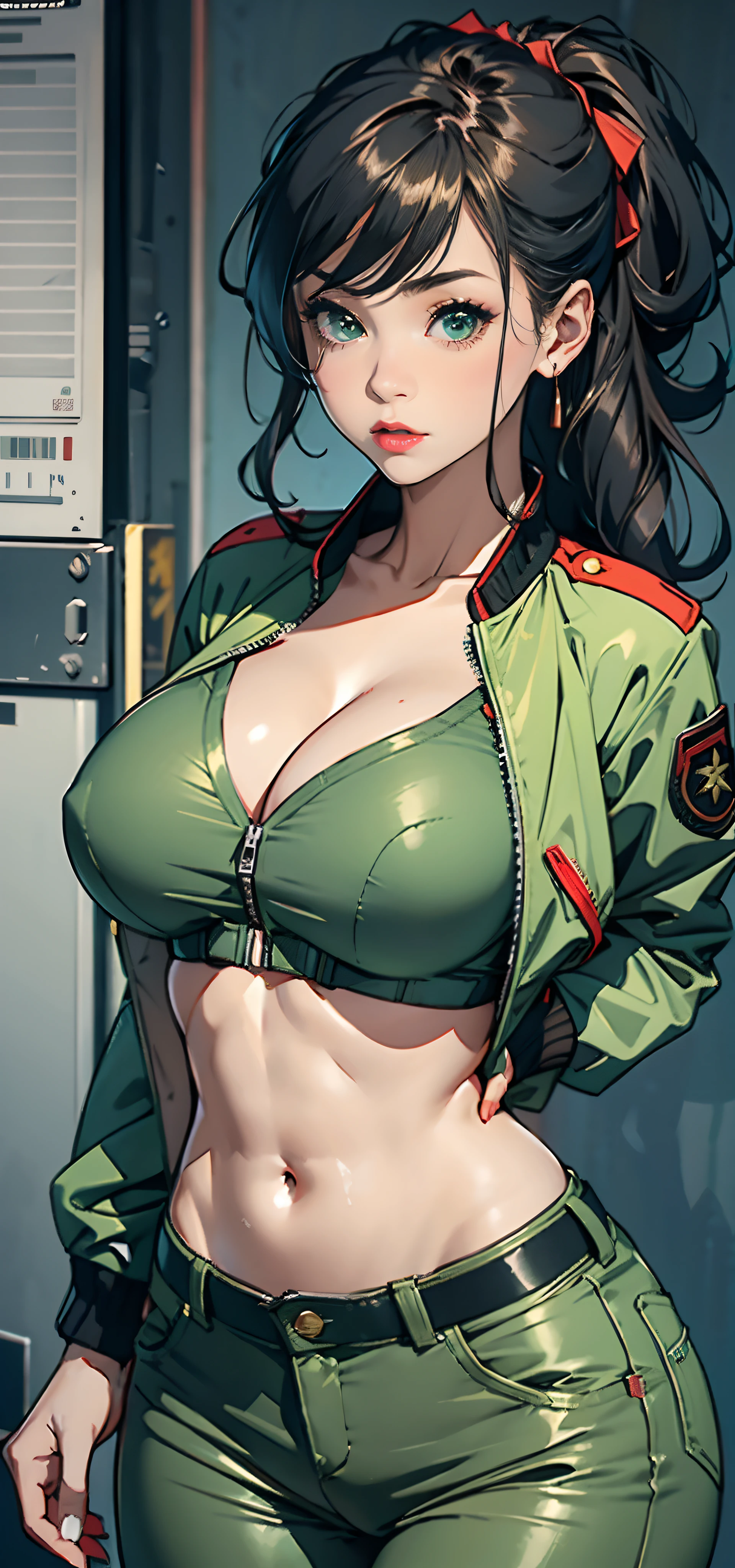 1female，Bigchest，girl soldier，Raised sexy，The kinky is exposed，green colored bomber jacket，nakeness，skinny pants，extremely large bosom，big breasts thin waist，long leges