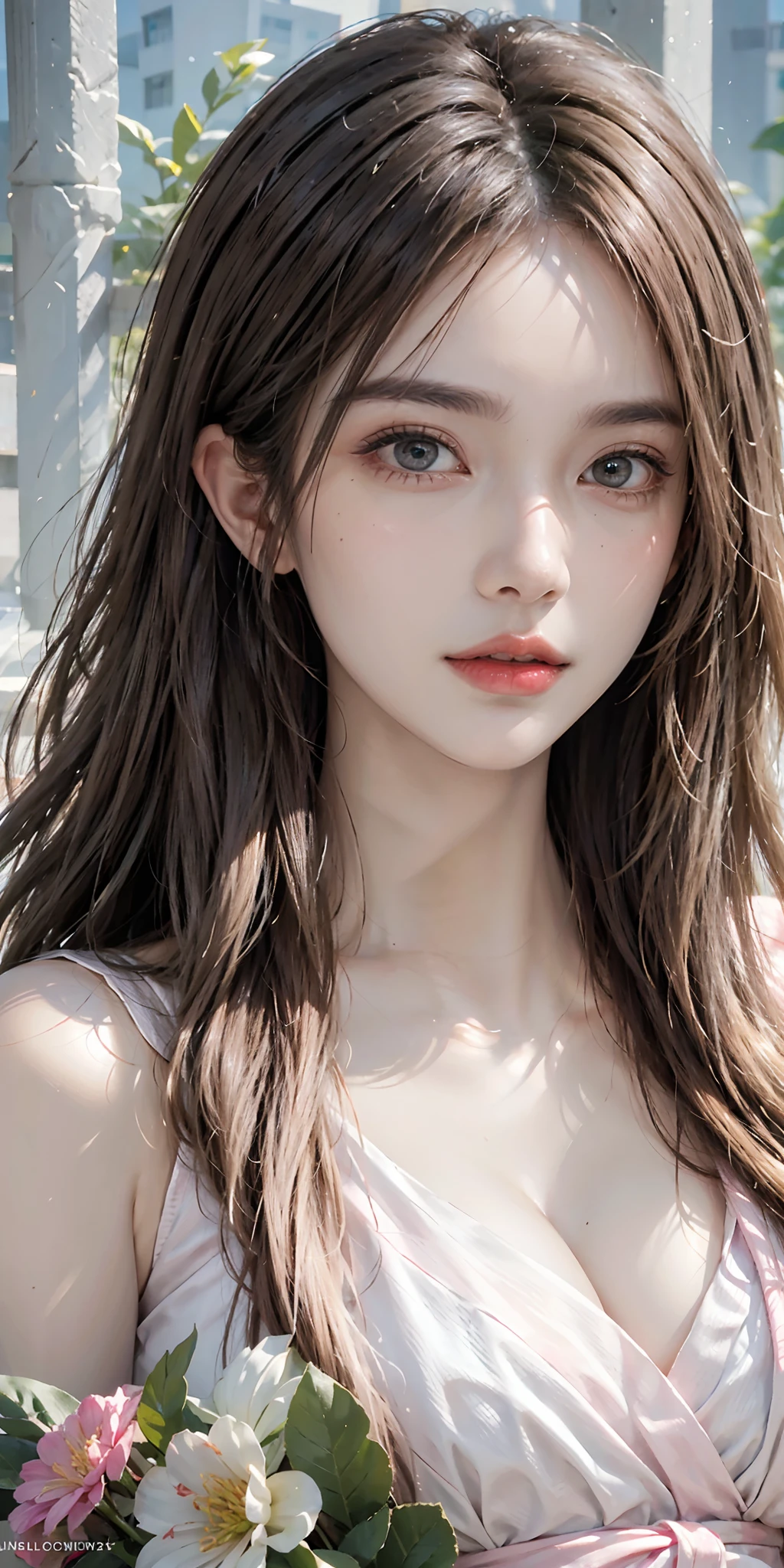 (absurdres, highres, ultra detailed), 1girl, mature female, wavy blonde hair, long hair, blunt bangs, green eyes, pink dress, finely detailed eyes and detailed face, extremely detailed CG unity 8k wallpaper, intricate details , kaleidoscopic imagery, symmetrical patterns, vibrant colors, geometric shapes, mesmerizing designs, optical illusions, dynamic composition , pantomime art, expressive body language, silent storytelling, evocative gestures, visual narratives, theatrical performances , blooming flowers, colorful petals, fragrant scents, nature's bounty, vibrant gardens, peaceful scenery