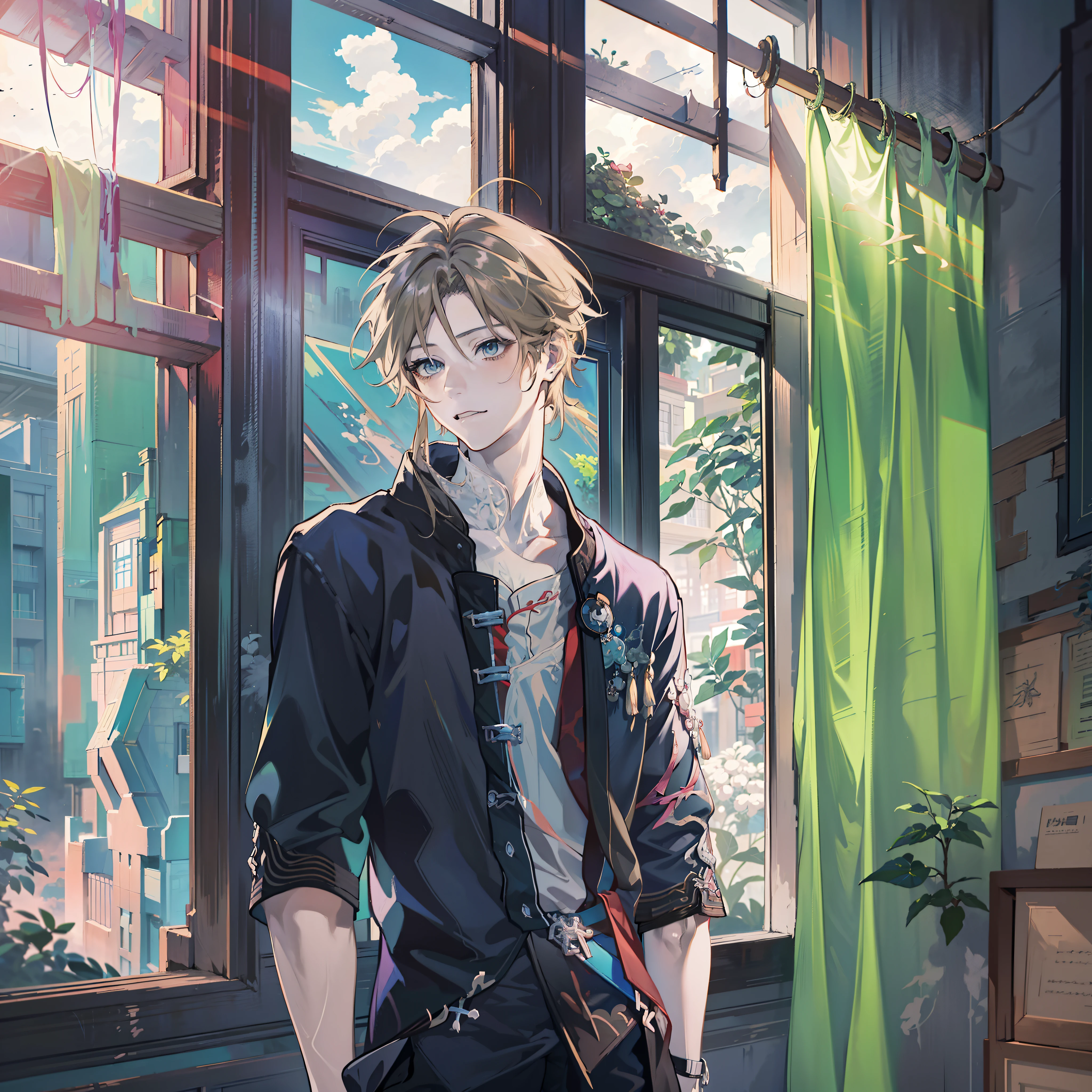 Anime boy standing in front of window in black shirt, young anime man, Anime handsome man, Anime portrait of a handsome man, Tall anime guy with blue eyes, Handsome anime pose, Male anime style, Anime boy, style of anime4 K, High Quality Anime Art Style, anime moe art style, Inspired by Bian Shoumin, Anime style portrait, in an anime style