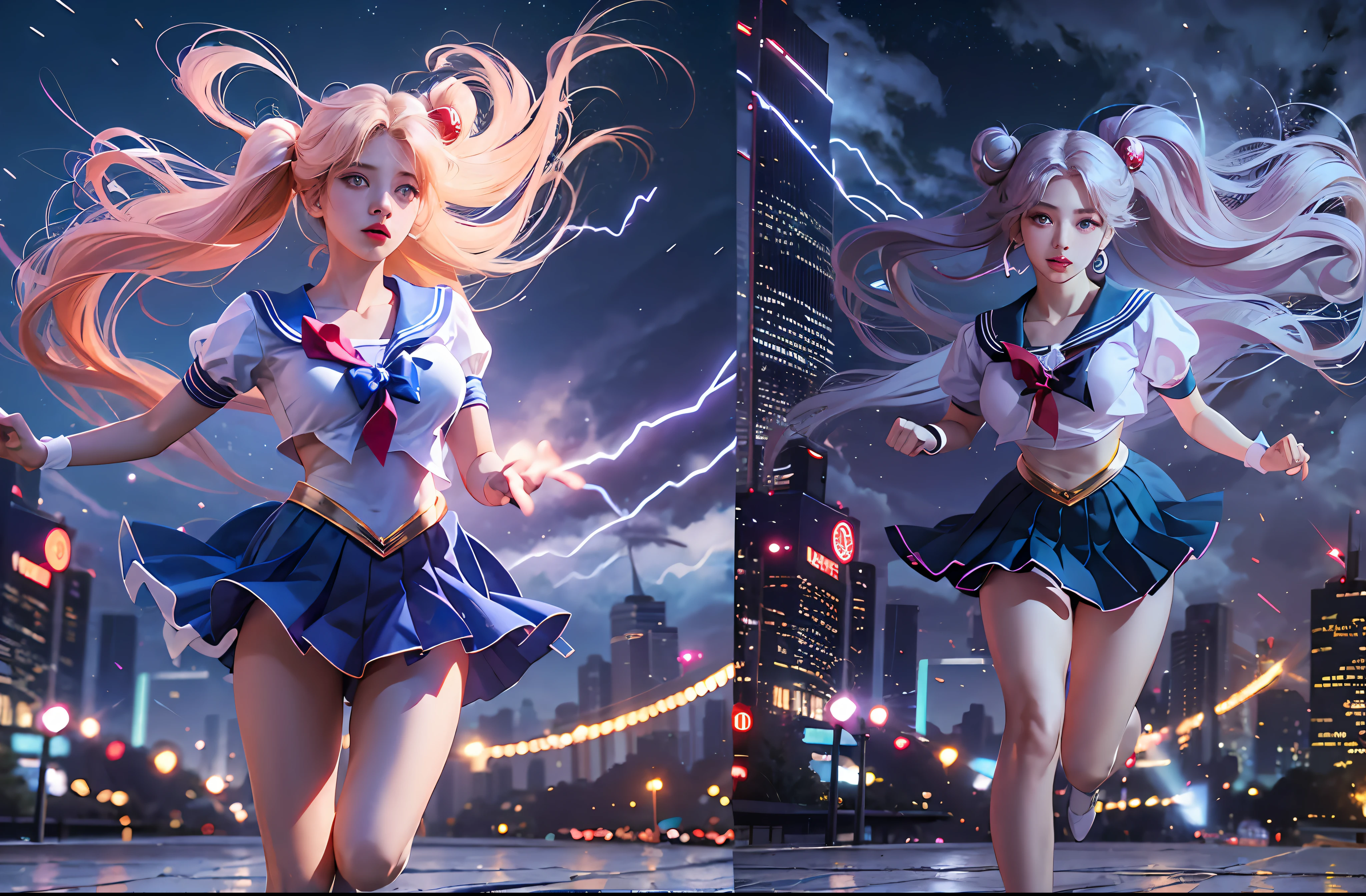 1girl, super beautiful girl, dream girl, sailor moon cosplay, ulzzang, running, in the background a city, lightning in the sky, ultra details, ultra realistic, cinematic , octane render, 16k