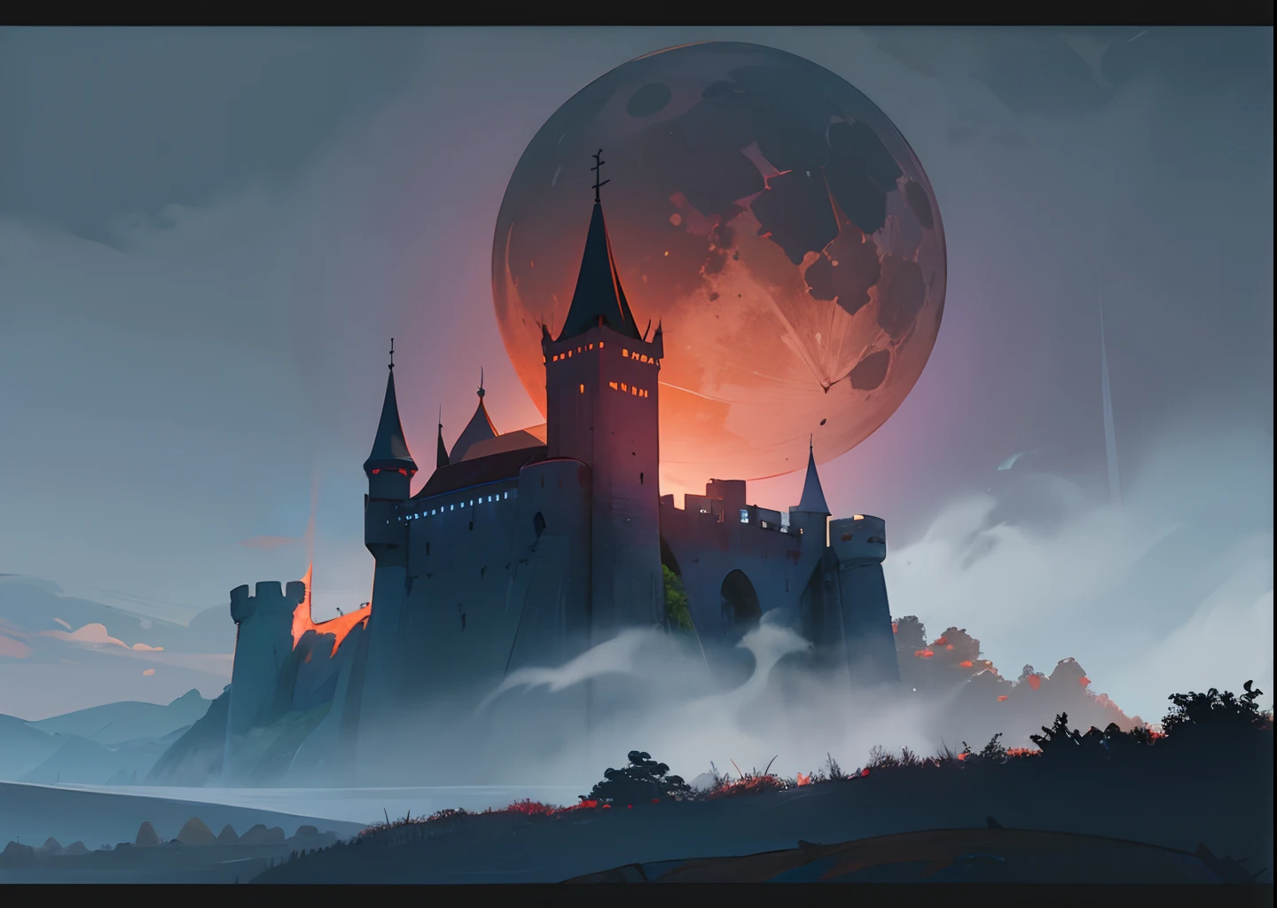 Landscape,best quality,8K,ruined castle,miasma,fog,midnight,high detailed,fortress,red full moon,deep dark,flying dragon in the sky