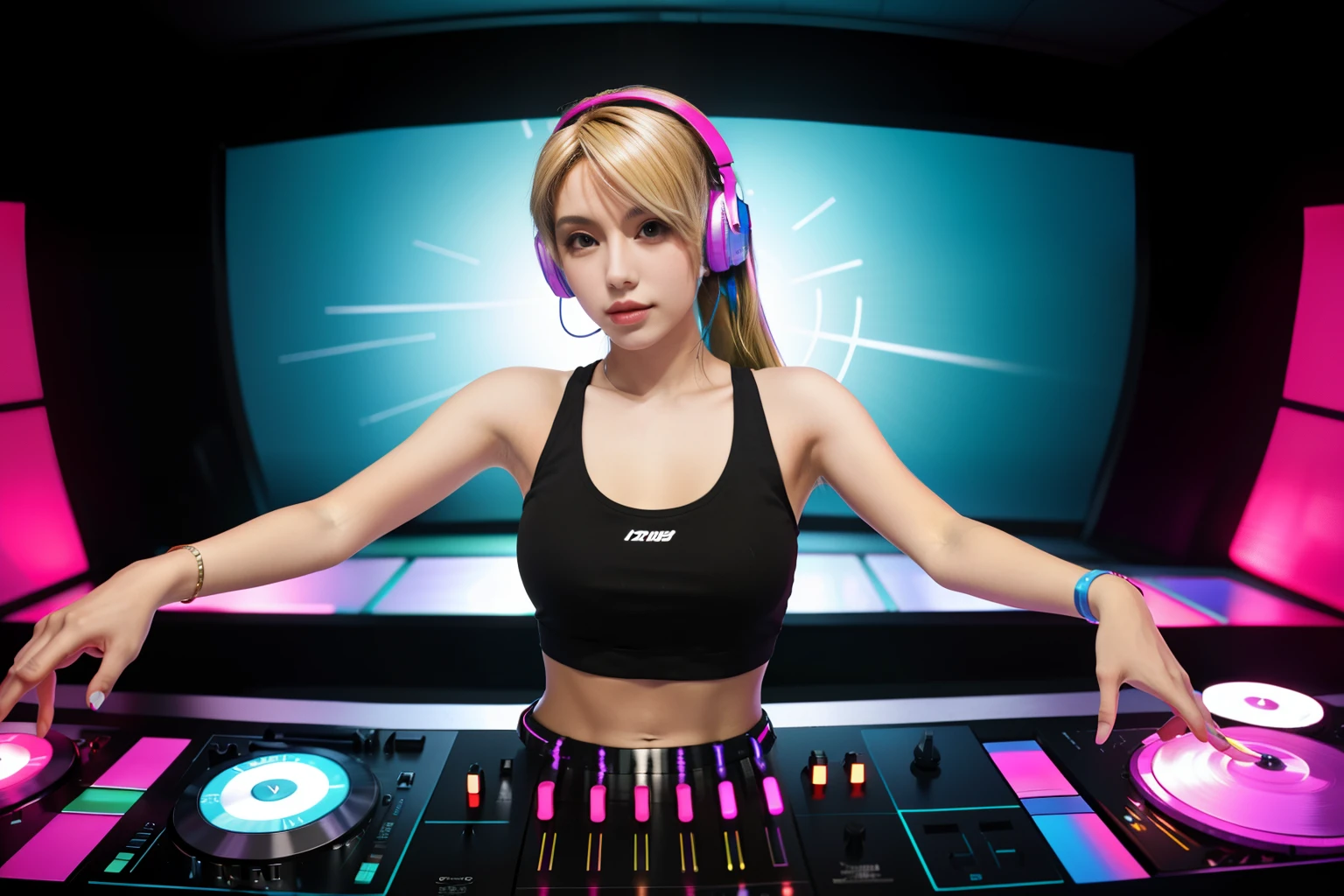 photo of a female DJ , (her each hands on each discs), platinum blonde side tail hair, wearing cropped colorful tank top, wearing large headphone, super wide shot upper body view from the front diagonally to the right, background is a lot of dancing audience around the DJ booth