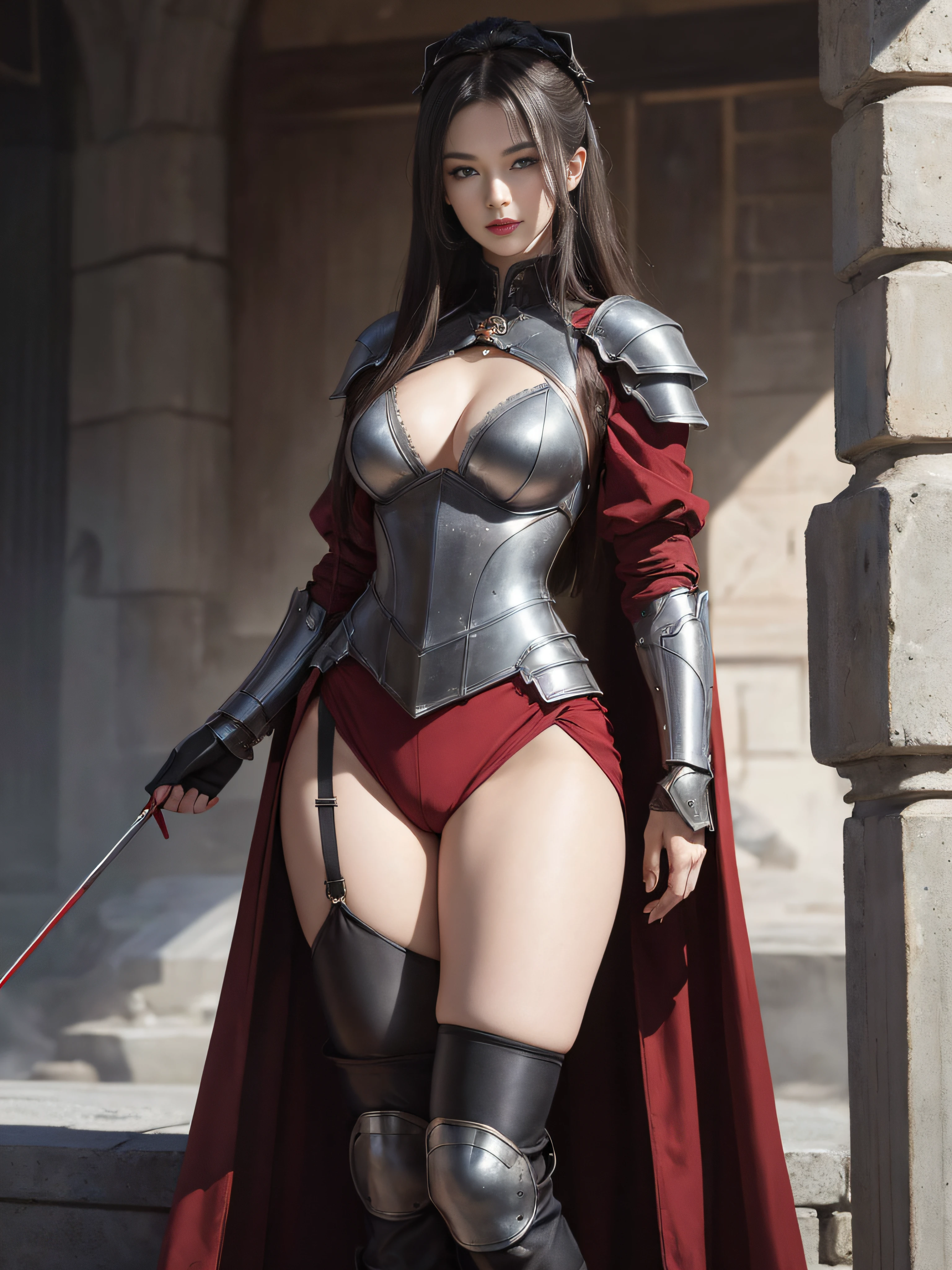tmasterpiece,A high resolution,Absolutely beautiful,a mature female,Fine and detailed eyes and detailed face,Tall and tall,She wears metal armor,Armored pants,Armor booties,Over-the-knee stockings,Show off the look of booties and stockings、Shogun, allure:(Tall:1.4),haughty,Mature temperament,Ruby eyes,Apply blood-red lipstick to your lips,Wide buttock(big assa:1.4),(Thick thighs:1.4),Majesty,Rich scene detail,In the midst of the war,are standing,actionpose,